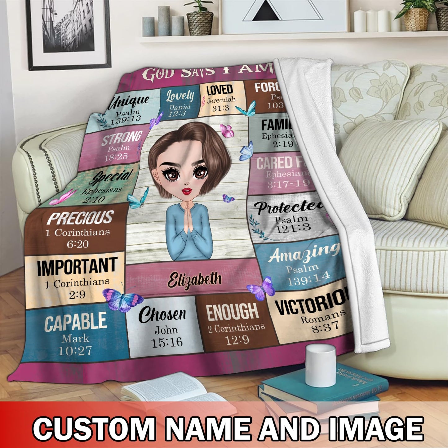 PREAUREUM God Says I Am Blanket, Personalized Christian Throw Blanket,Inspirational Jesus Throw Blankets,Confirmation Catholic Spiritual Blankets for Kids (Chibi God Says I Am - Wooden Board Style)