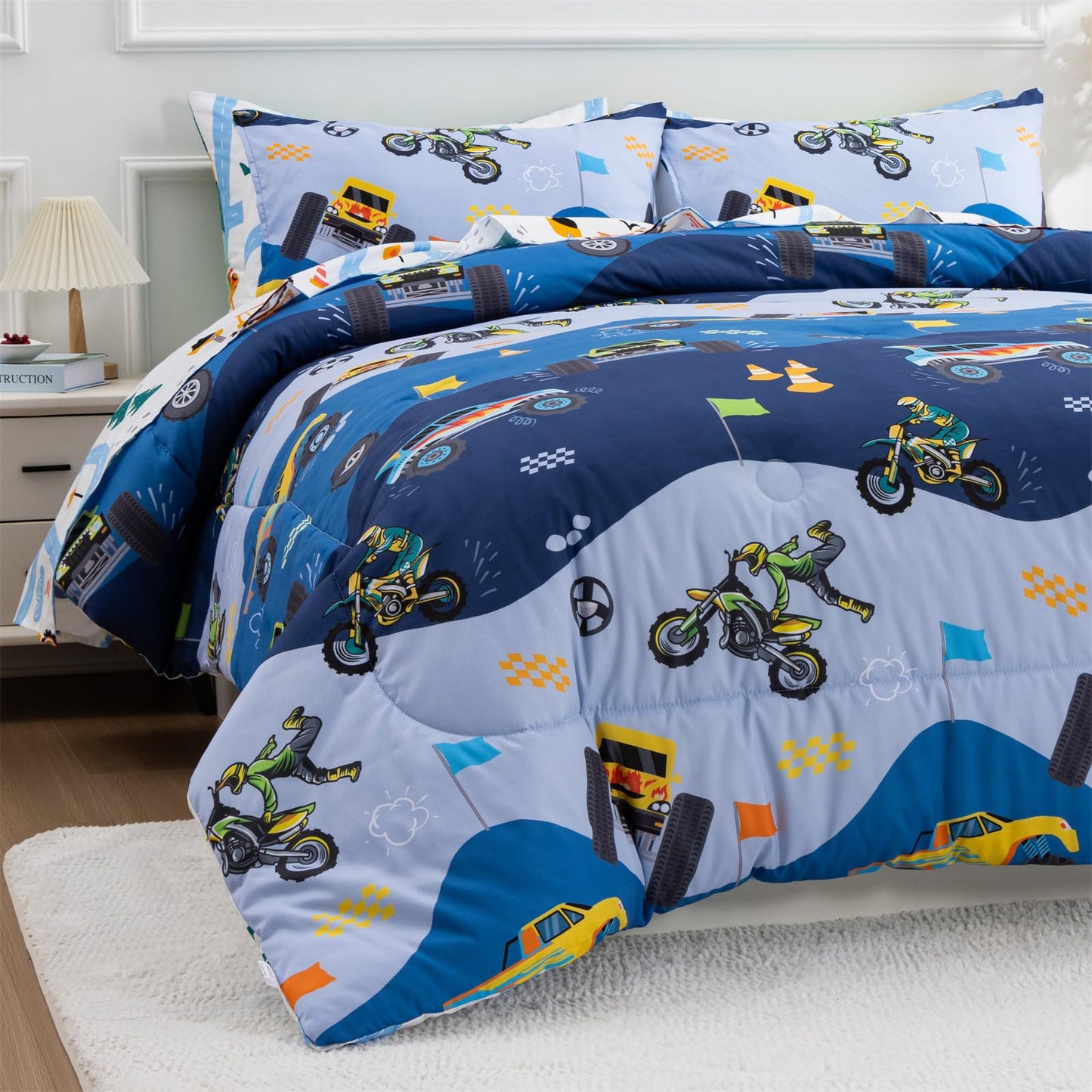 Holawakaka Trucks Tractors Cars Boys 5-Piece Bedding Comforter Sheet Set,Twin Size Cartoon Construction Car Excavator Print Kids Bed in A Bag, Excavator Mixer Truck Printed Bed Sets(Light Blue Twin)