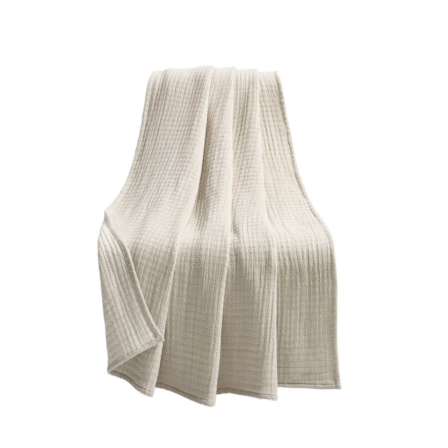 Lush Decor Solid Kantha Pick Stitch Cotton Throw Blanket 50" W x 60" L Neutral & Off White - Beige Throw Blanket for Bed - Textured Soft Couch Blankets