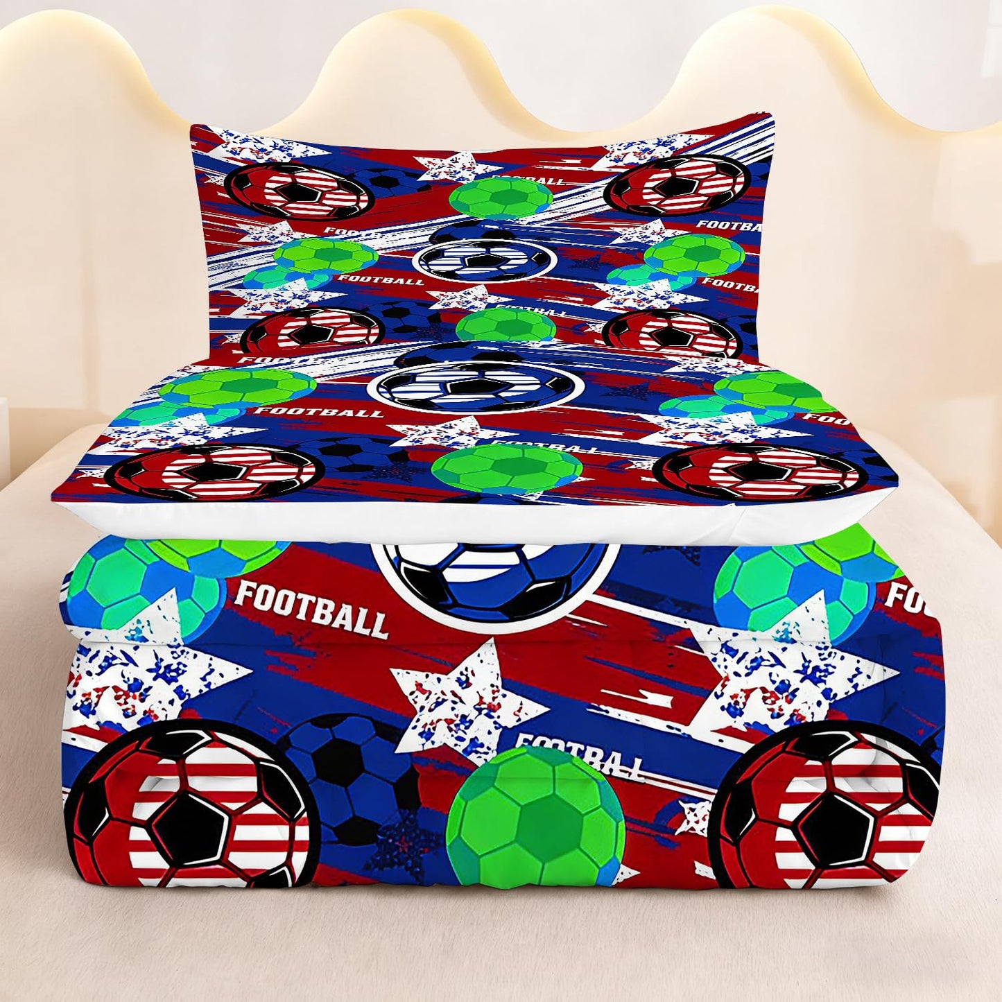 CERYUEE Soccer Comforter Set Football Bedding Set Sports Theme Red Blue Green Quilt Twin Bed Sets for Kids Teen Boys Bedroom Decor 1 Comforter+ 1 Pillowcase