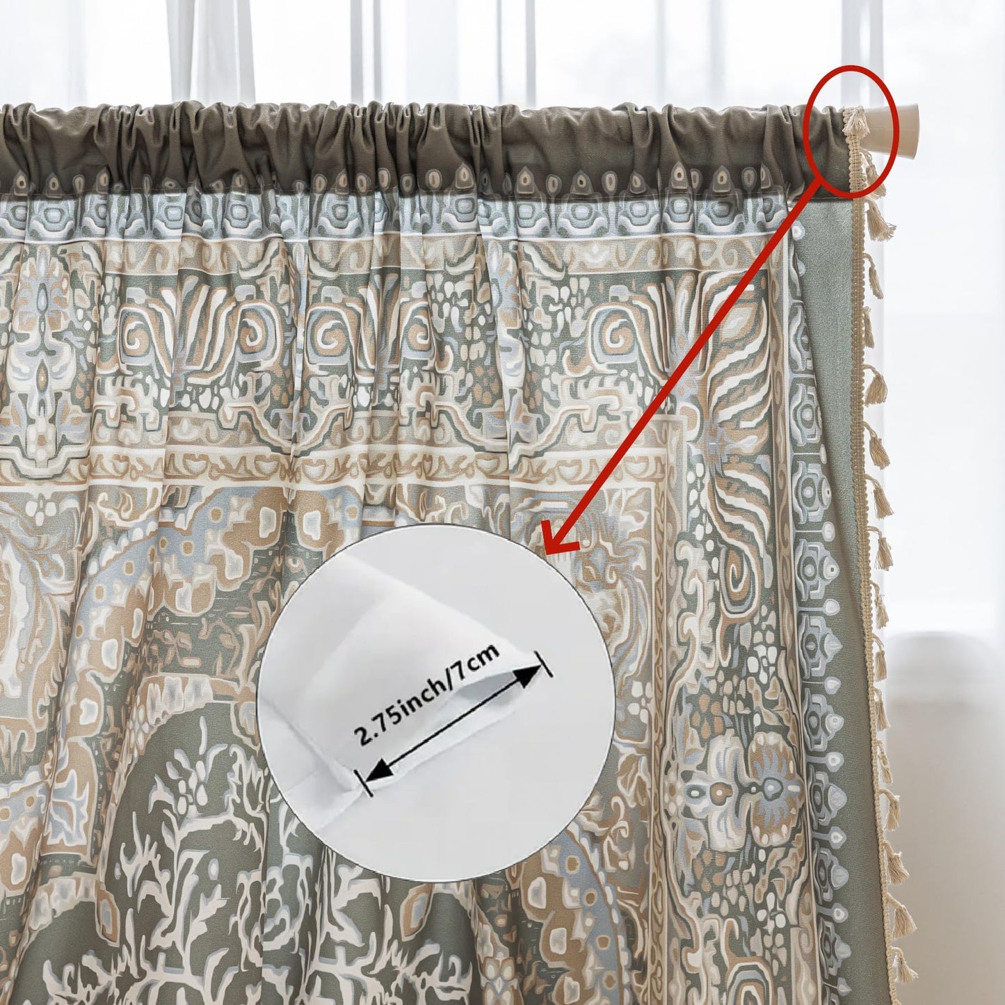 Erbnaryx Sage Green Medallion Curtains 72 Inches Long, Boho Farmhouse Light Filtering Rod Pocket Drapes with Tassel Trim for Bedroom Living Room, 2 Panels