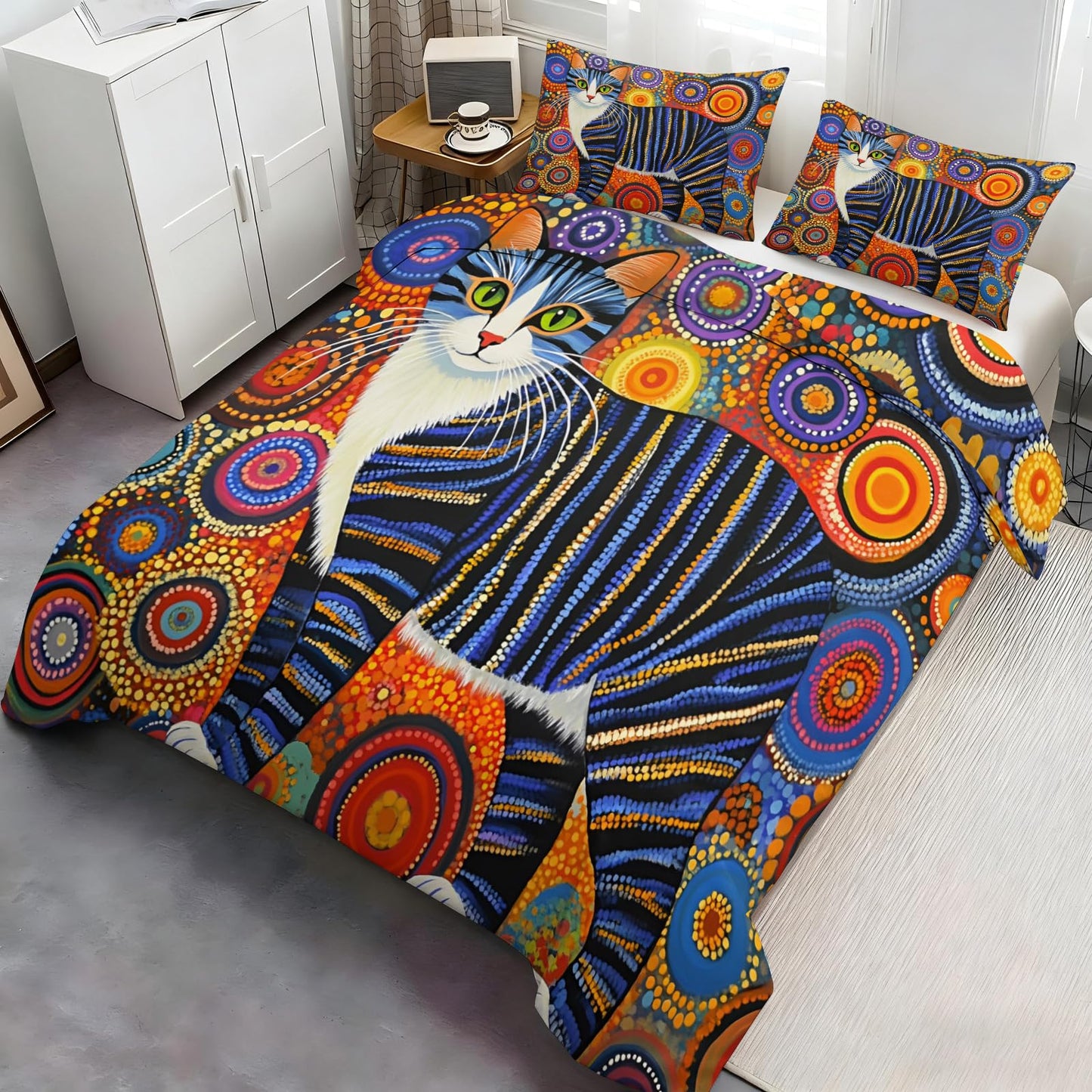 ZAMODE Cat Duvet Cover 90" x 90", Exotic Kitten Bedding Set, Colorful Ethnic Cats Comforter Cover with Zipper Ties