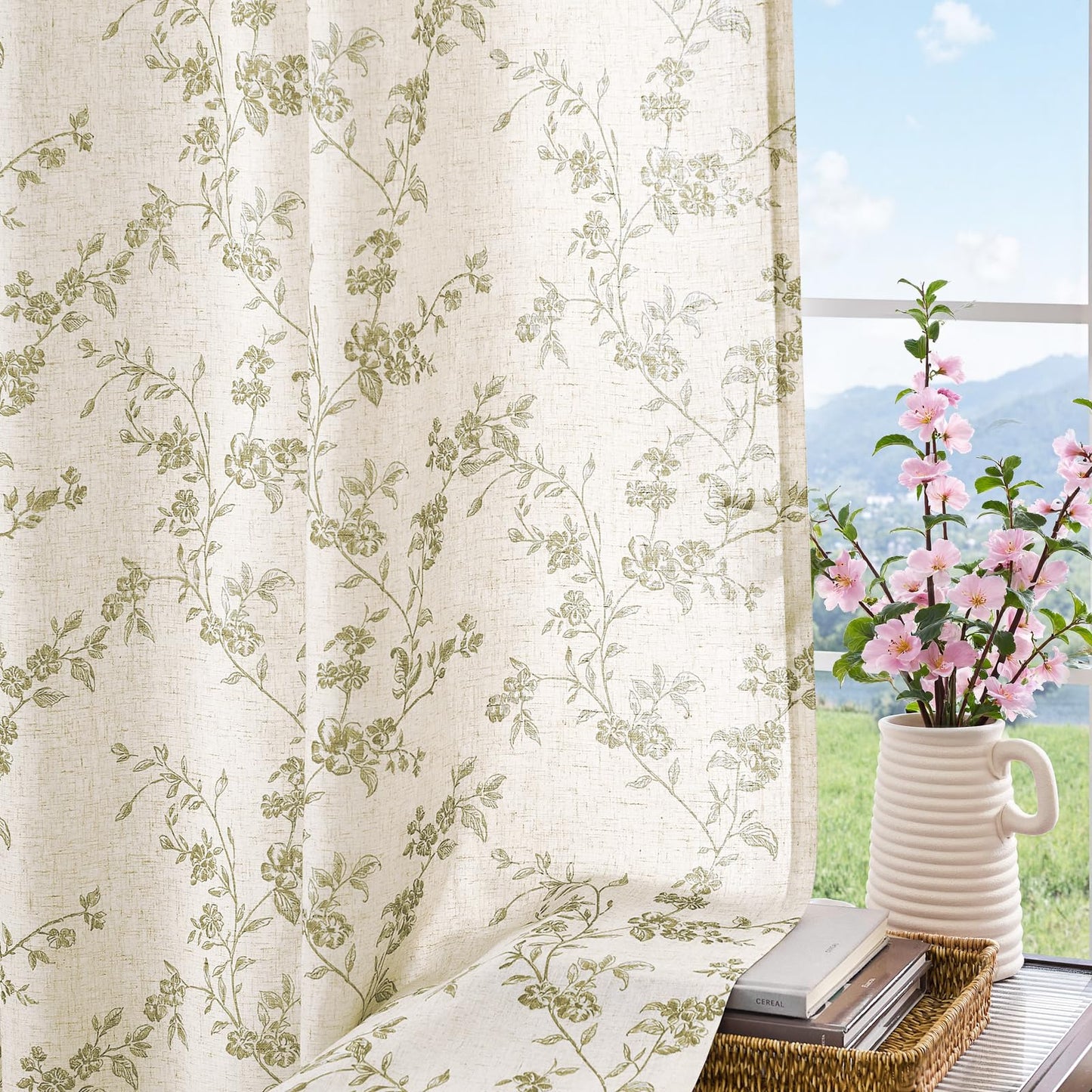 jinchan Linen Floral Curtains 63 Inch Farmhouse Country Flower Drapes Rustic Window Curtains Light Filtering for Living Room Bedroom Laundry Back Tab 2 Panels Green on Beige