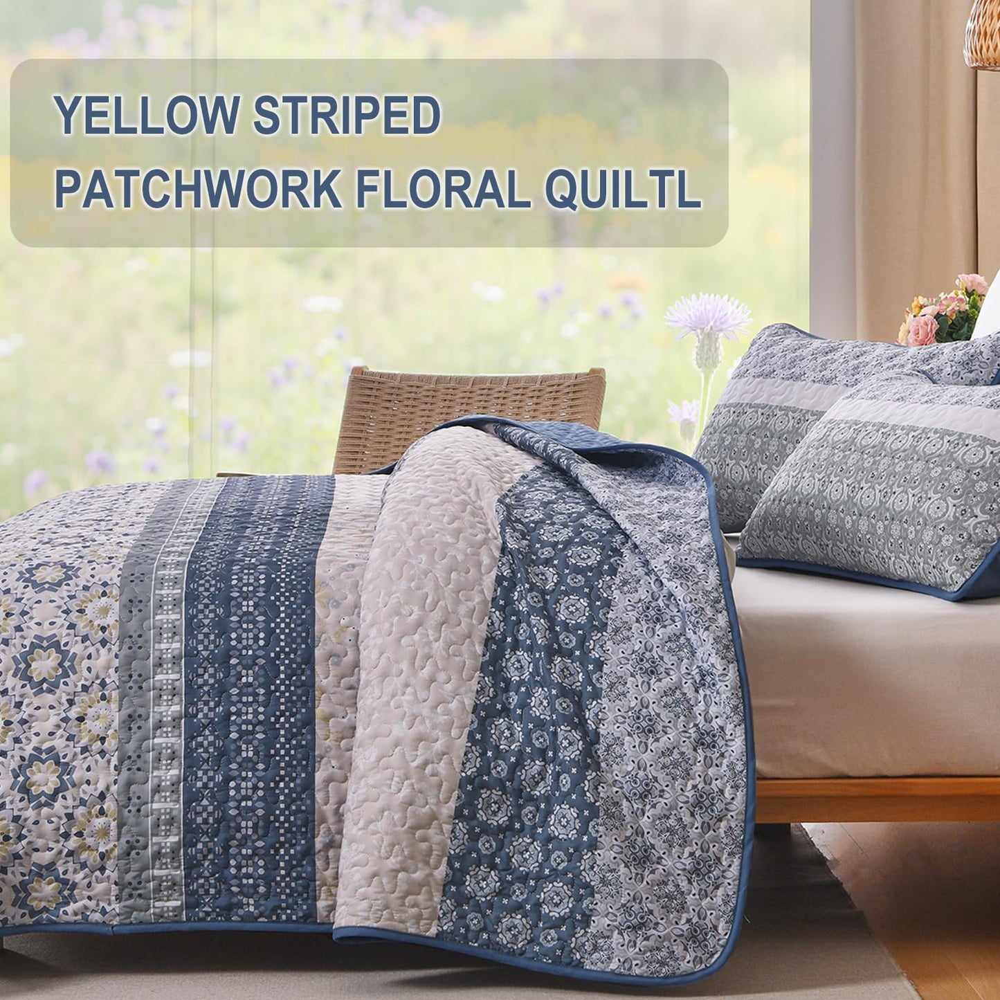 WONGS BEDDING Boho Quilt Set Queen, Bohemian Striped Patchwork Bedspread Coverlet Set with 2 Pillowcases,Lightweight Microfiber Floral Bedding Set 96"×90"