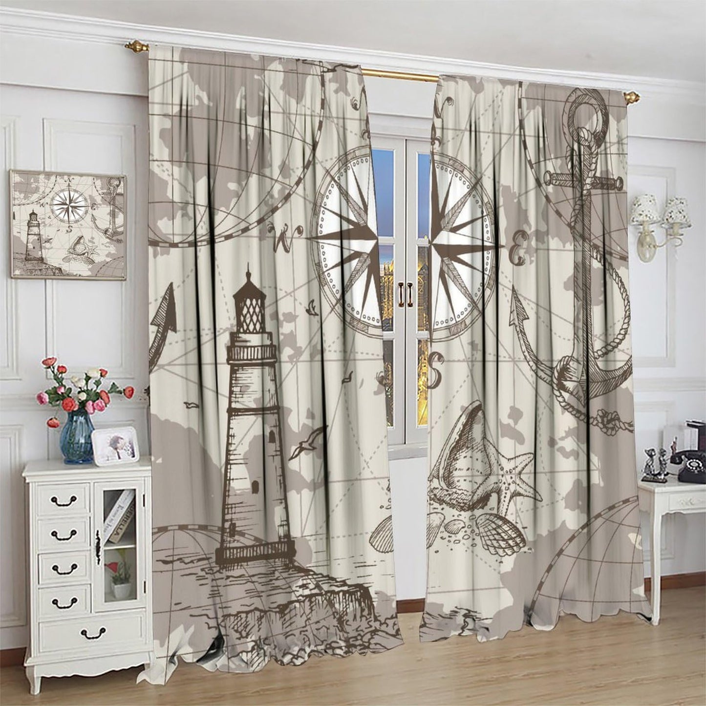 XBDDZSW Nautical Sailboat Map Curtains Sketch Pirate Ship Wheel Compass Starfish Coral Reef Nautical Map Pattern Print Window Drapes for Bedroom Living Room Kitchen Decor,2 Panel Set,42x45 Inch Decor