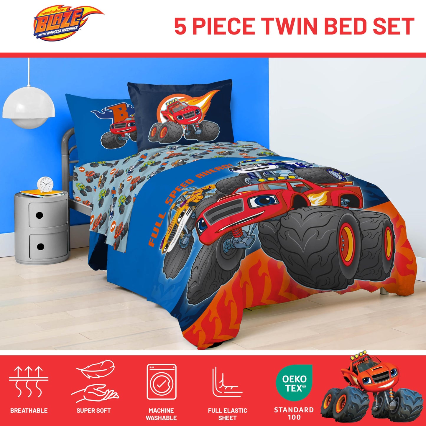 Jay Franco Kids Bed Set, Blue, Blaze the Monster Machines, 5 Piece Twin