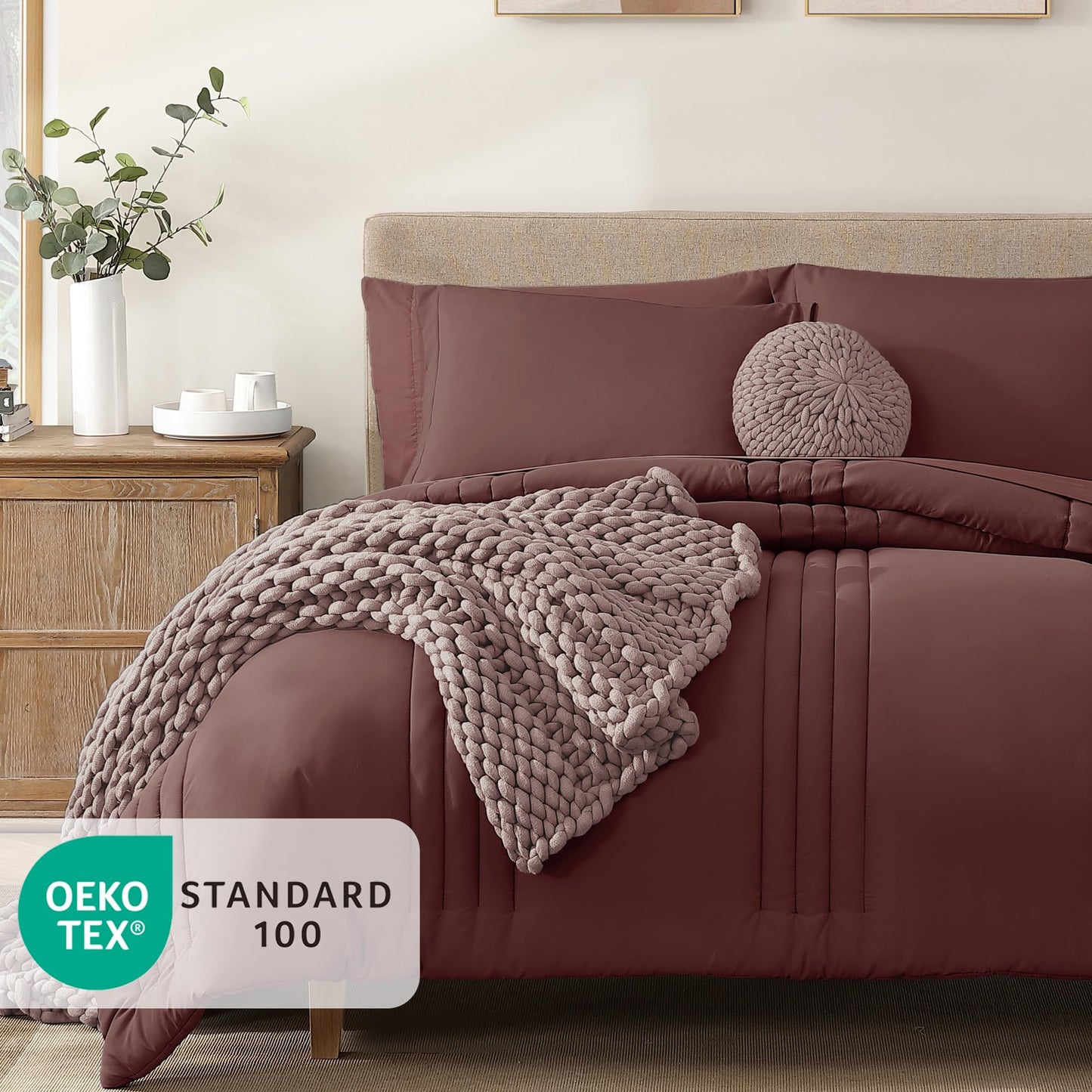 Monbix Queen Comforter Set - 7 Pieces Dark Red Bed in a Bag Queen Bedding Sets with Comforters, All Seasons Comforter Bed Set with Sheets, Pillowcases & Shams