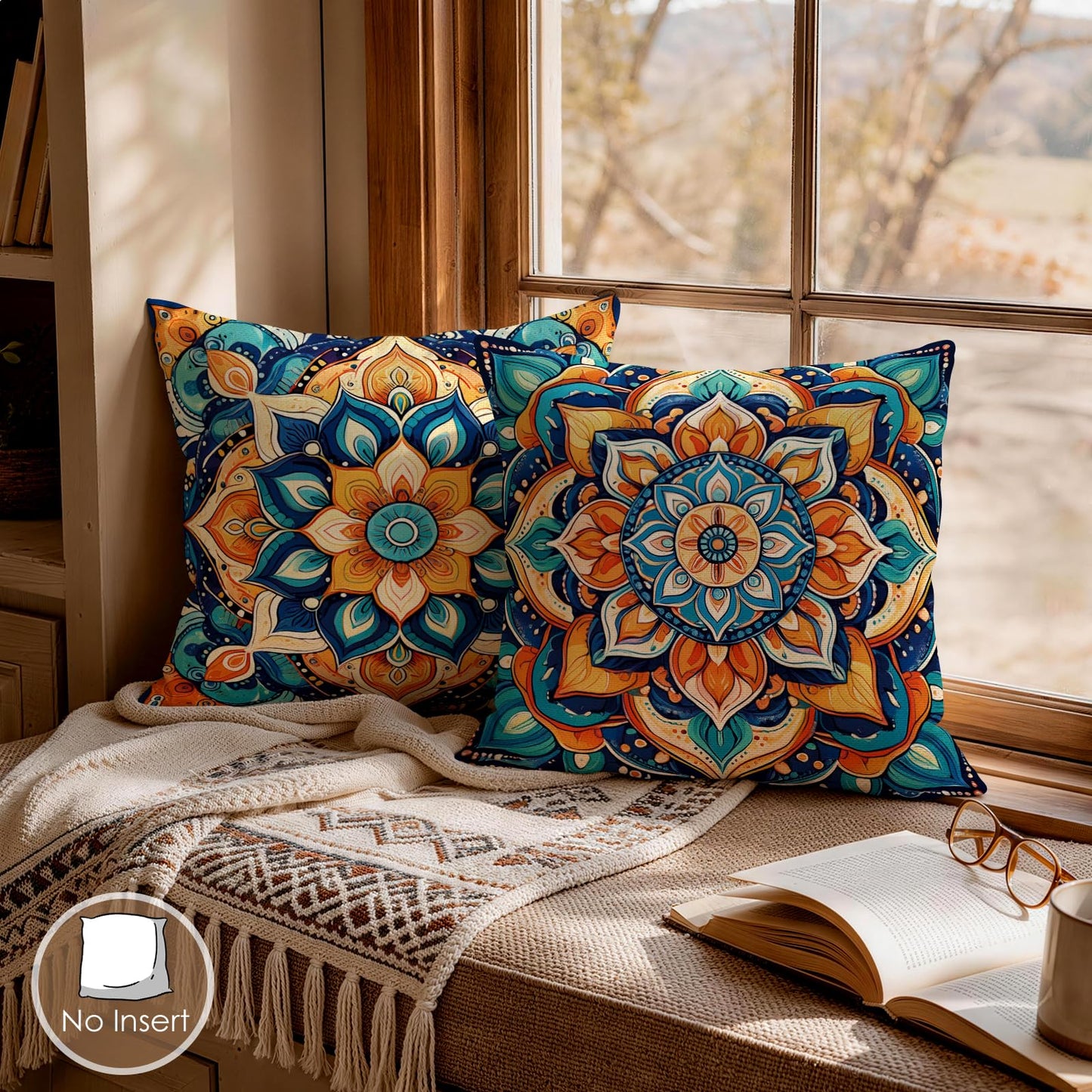 OBSEDE Boho Mandala Throw Pillow Covers Set of 4, 18x18 Inch Blue and Orange Bohemian Decorative Pillow Cases for Couch Sofa, Psychedelic Floral Spiritual Home Decor