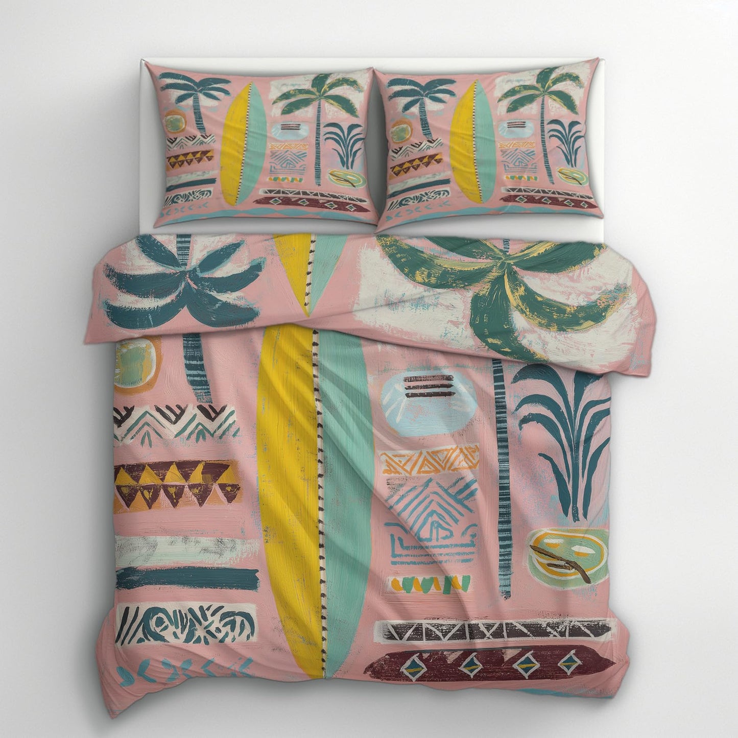 Retro Tropical Full Duvet Cover Set 3 Piece, Palm Tree Surfboard Reversible Bedding with 2 Pillow Shams, Zipper & Ties, Ultra Soft Microfiber, Tropical Bedroom Decorations 24A-W