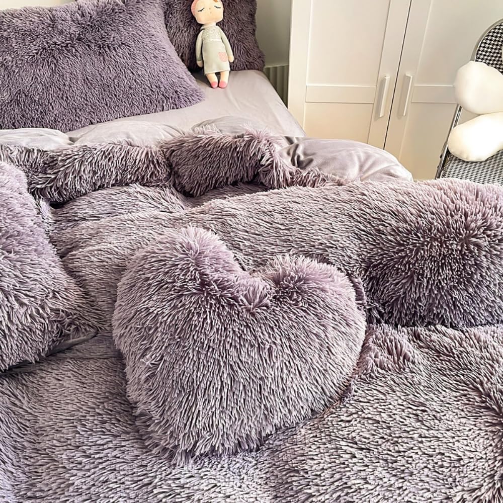 chovy Faux Fur Plush Purple Comforter Sets Queen - Ultra Soft Shaggy Flannel Velvet Fluffy Fuzzy 3PC Bedding Set （Comforter x 1 Pillowcases x 2）