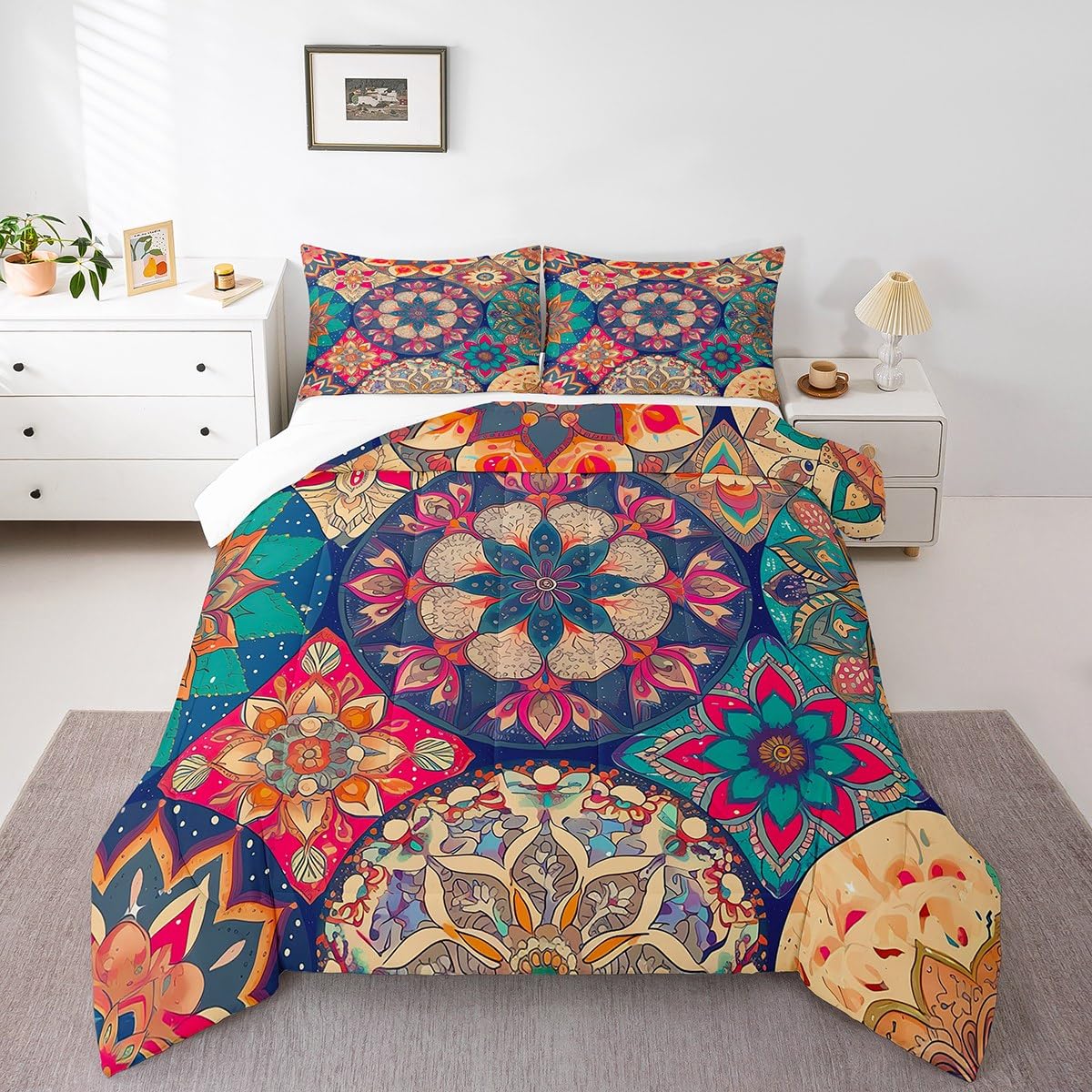 jejeloiu Hippie Mandala Bedding Set Full Size Kids Boho Mandala Comforter for Boys Girls Tribal Native Comforter Set Yellow Duvet Set Room Decorations Quilt Set