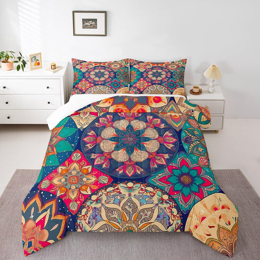 jejeloiu Hippie Mandala Bedding Set Full Size Kids Boho Mandala Comforter for Boys Girls Tribal Native Comforter Set Yellow Duvet Set Room Decorations Quilt Set