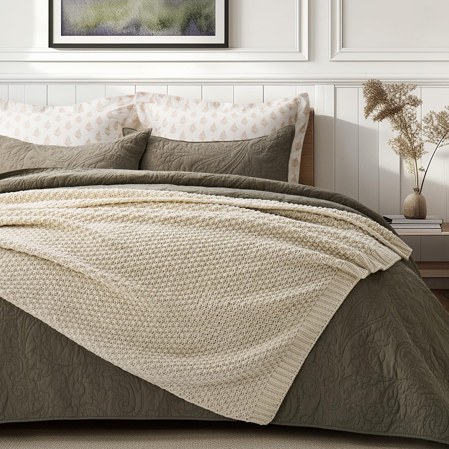 EVERGRACEHOME Chunky Chenille Knit Throw Blanket for Couch, Soft Luxurious Moss Stitch Blankets for Bed, Cozy Decorative Farmhouse Knitted Throws for Sofa, Beige, 50" x 60"
