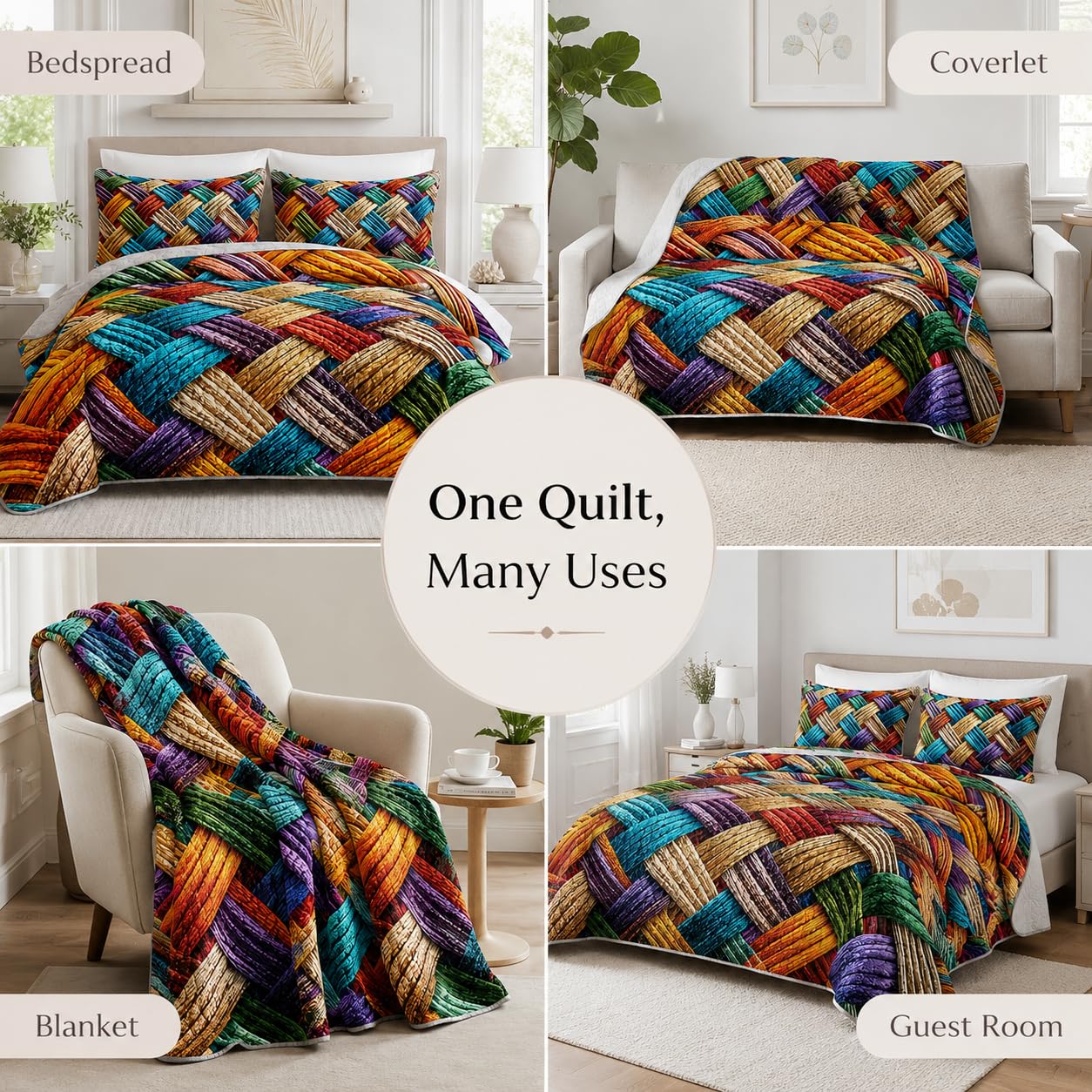 AILONEN 3-Piece Colorful Soft Quilt Set King Size, Gradient Abstract Art Boho Quilted Bedspread Coverlet,All Season Quilt,2 Pillowcases