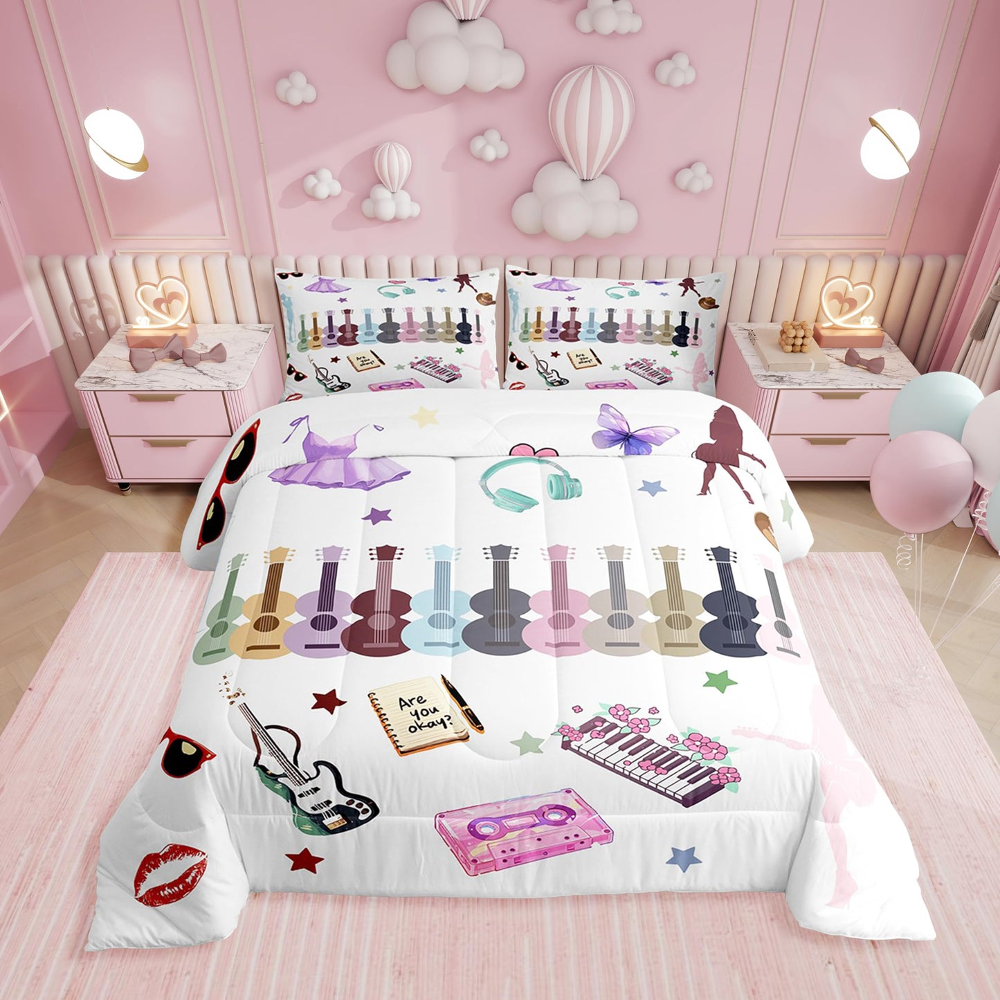 Erosebridal Music Comforter Set Music Theme Bedding Set Full Size Singer Fans White Down Comforter Fashion Birthday Valentines Day Gift Quilt Set for Musics Fans Lovers