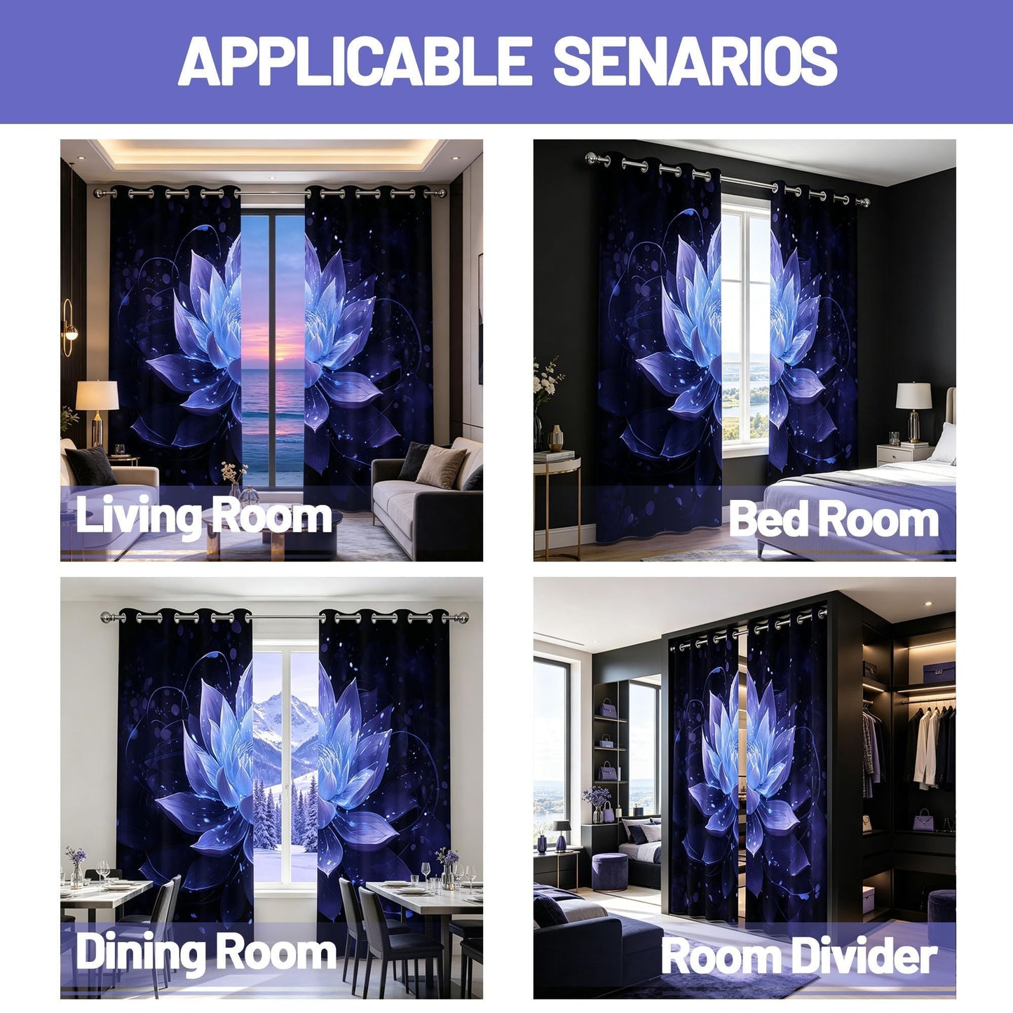 soeeao Royal Blue Lotus Blackout Curtains, Black and Navy Blue Lotus Flower Window Drapes for Bedroom Living Room, 84 inch Length 2 Panels Set, 52x84 inch
