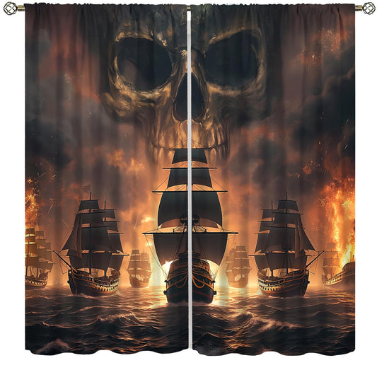 wlsgdsg Pirate Ship Curtains for Boys Cartoonish Cool Medieval Ocean Flame Skull Sailboat Pattern Window Treatments for Kids Boys Bedroom Living Room 42x44.5In（No Blackout）