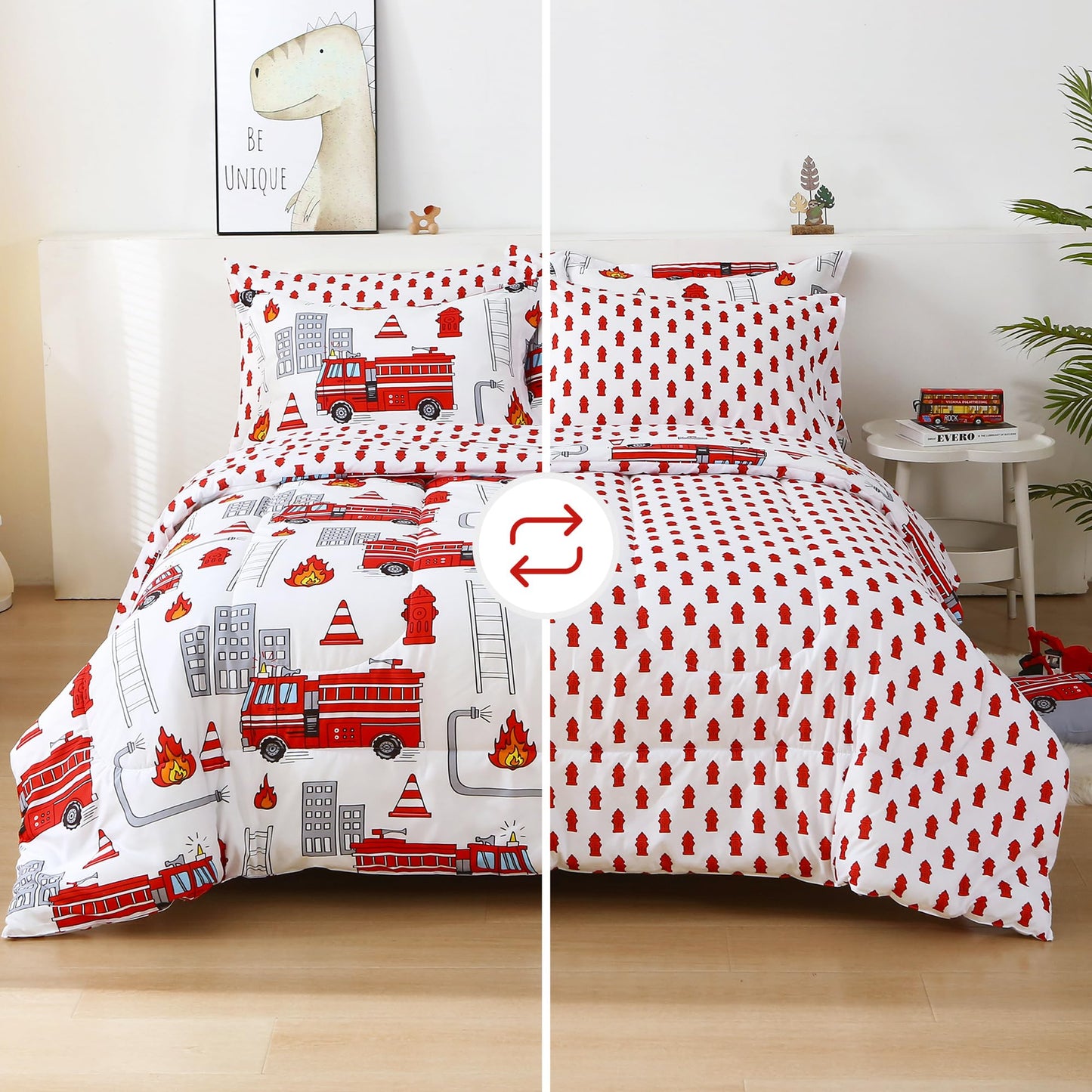 Mooreeke Kids Twin Comforter Sets for Boys 6 Pieces Fire Truck White Bedding Set for Teens Soft Microfiber Kids Bed in A Bag with Comforter, Sheet Set, Shams and Decorative Toy Pillow All Season