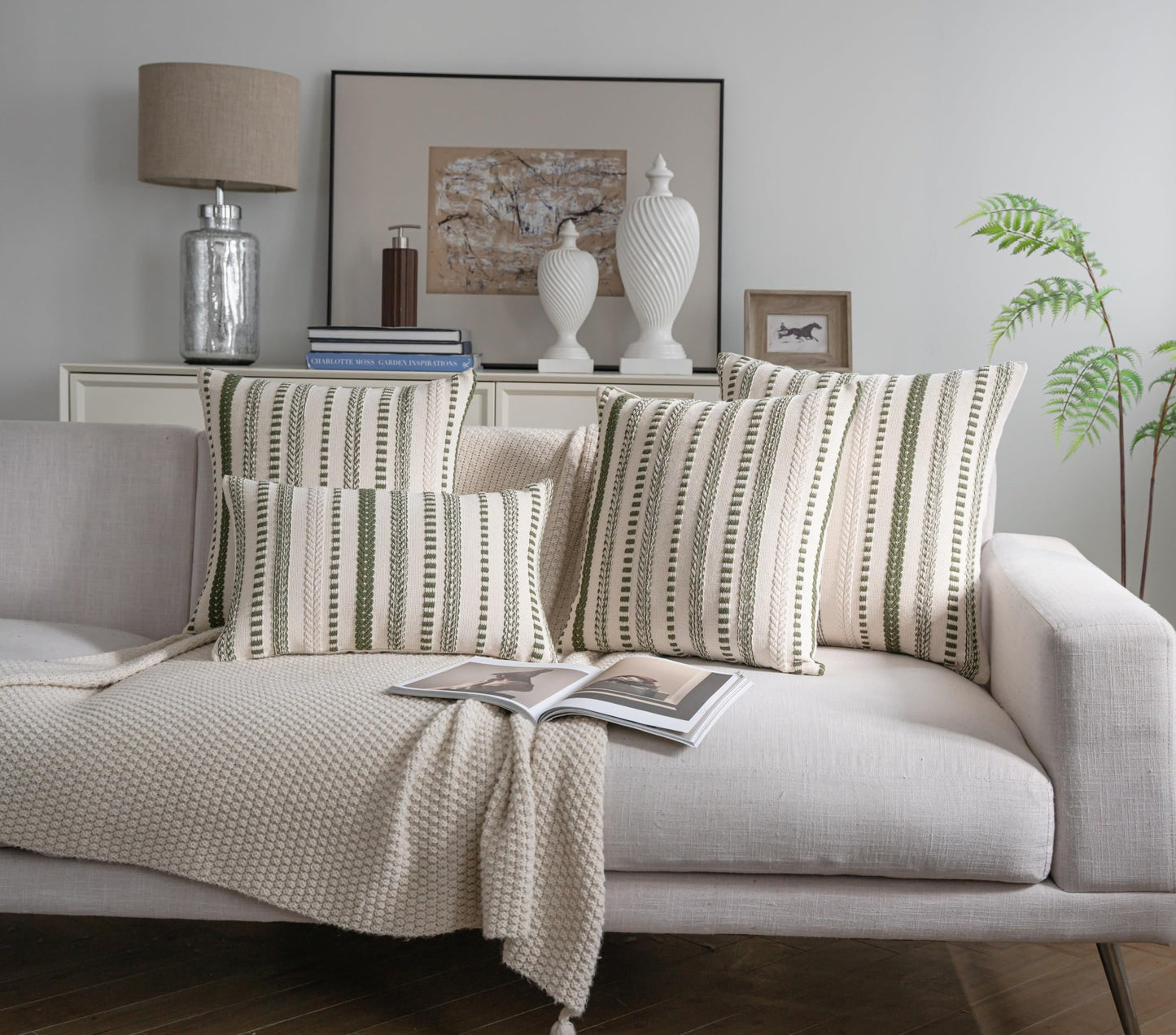 Cethom Green Boho Throw Pillow Covers 12x20 Inch Set of 2, Stripe Textured Decorative Couch Pillow Cases for Bed, Sofa, Living Room, Bedroom, Farmhouse Home Accent Cushion Covers
