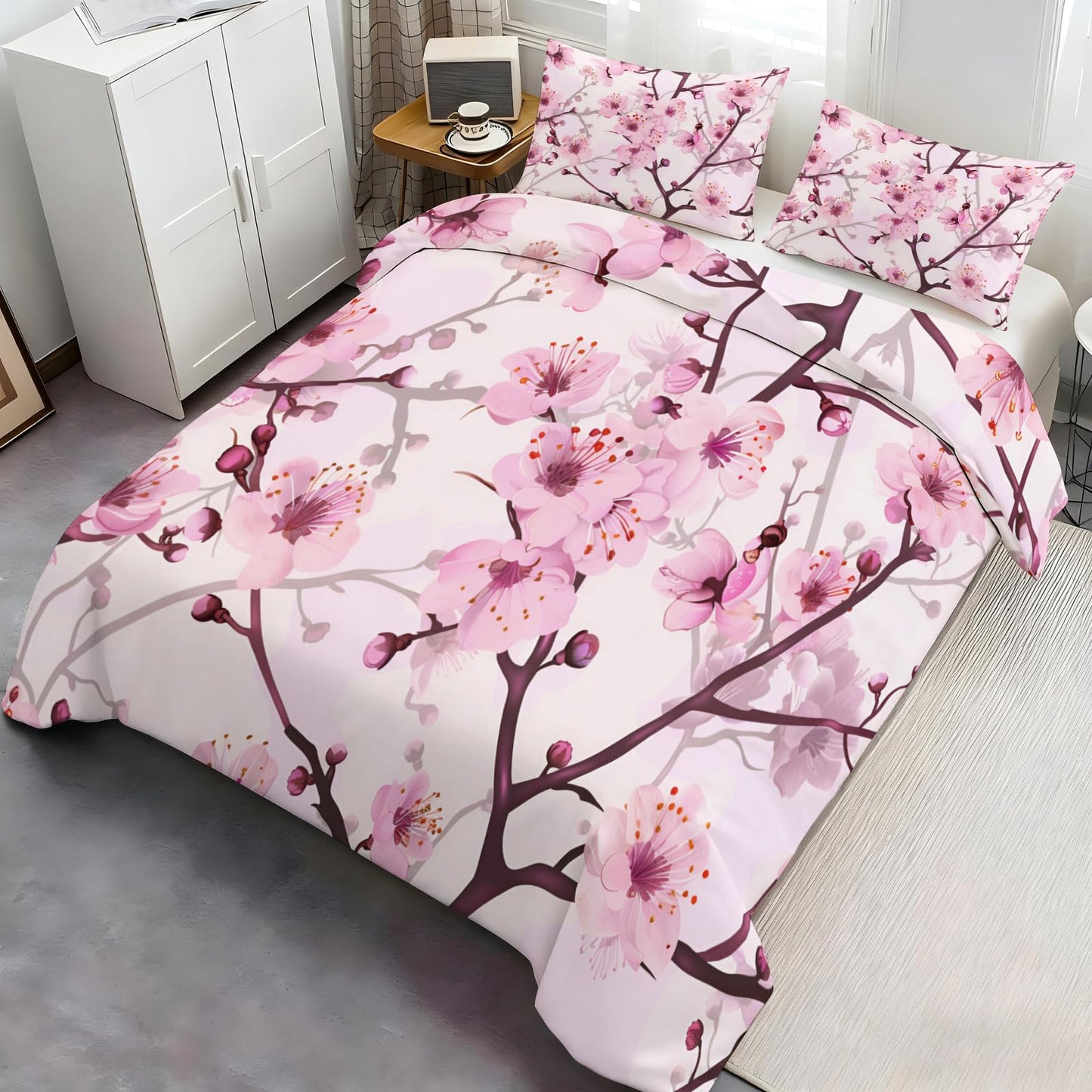 QINYUN Pink Floral Duvet Cover Oversized King, Cherry Blossoms Bedding Set 3 Piece, Girl Pink Flowers Duvet Cover with Zipper & Ties, 2 Pillowcases
