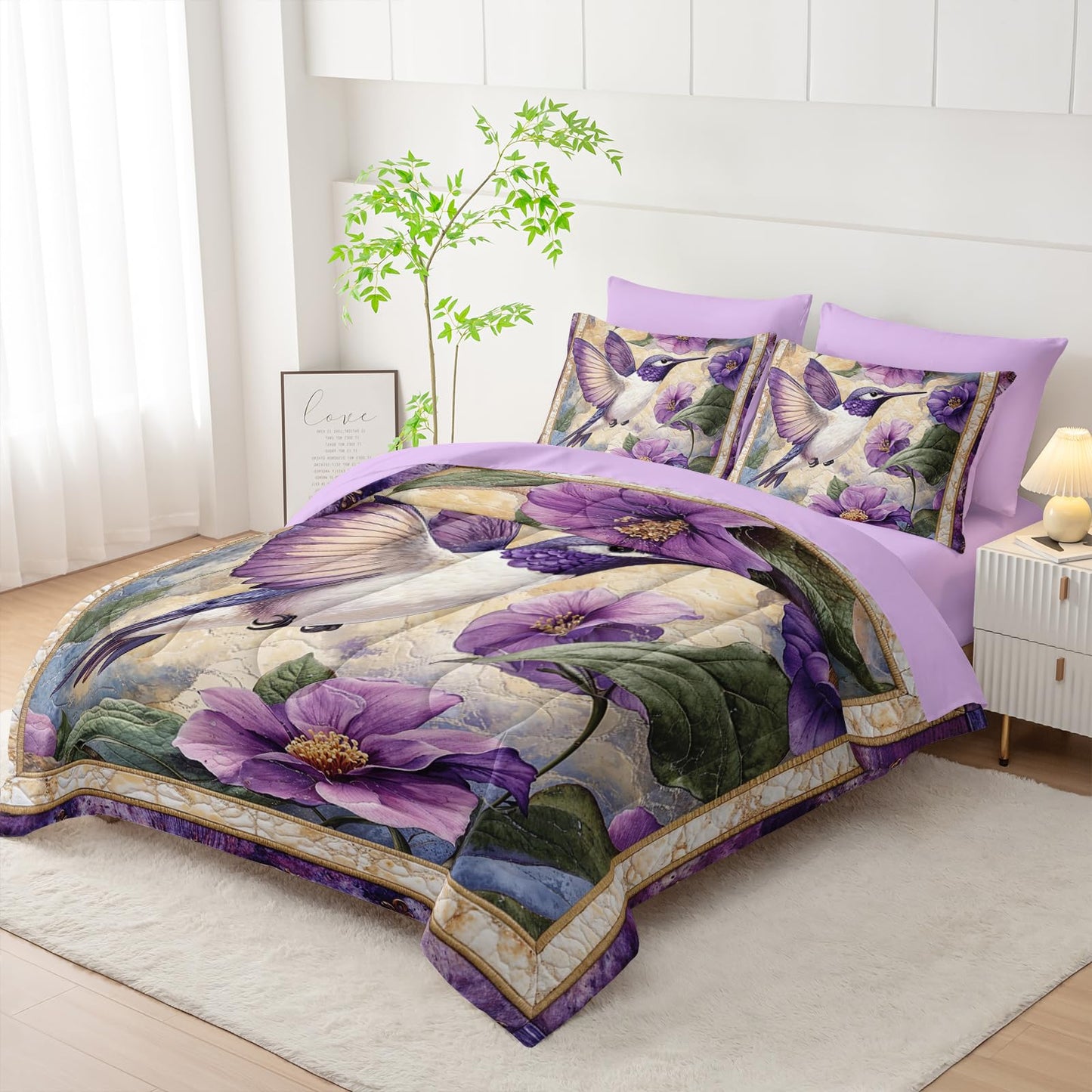 AILONEN Beautiful Hummingbird Bed in a Bag Queen Size - Purple Flower Bird Theme - 3Pcs Soft Microfiber Boho Comforter for Girls Women - (Sheets,Pillowcases)