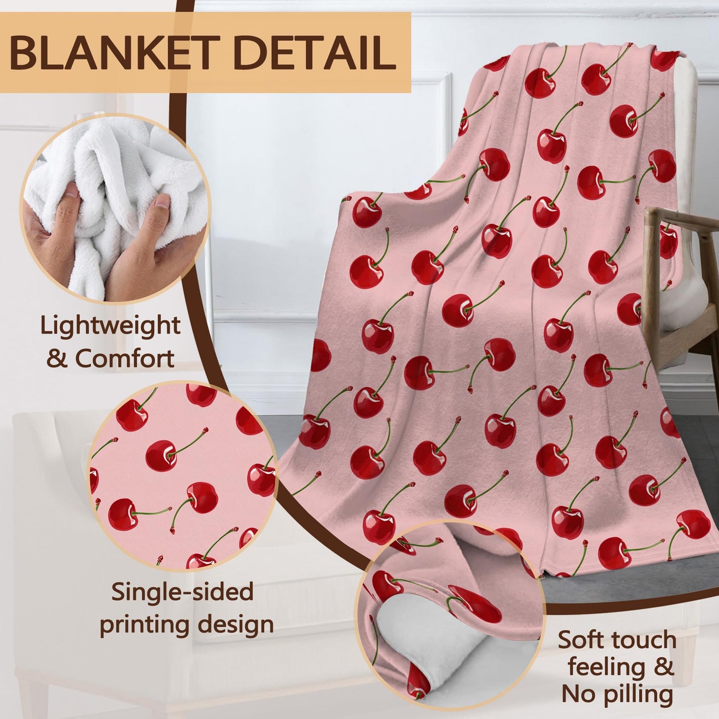 Snowmolle Sweet Cherry Fall Throw Blanket,Pink Girls Cozy Plush Fluffy Blanket for Living Room Decor,Lightweight Fleece Throws for Couch,Bed,Traveling,Naps,Reading,50 X 60 Inch