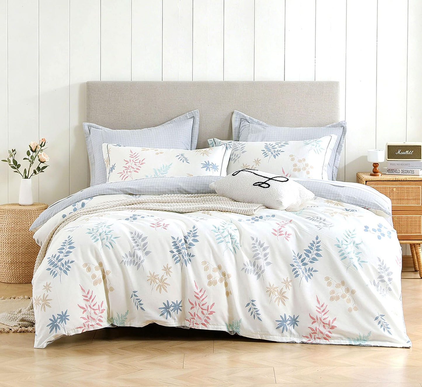 LEMIROE Farmhouse Cotton Comforter King Size 3Pcs -Charming Pastel Leaf Print on Cream Base, Gray Grid Back, Reversible Lightweight Bedding Sets with Soft Fill(King, 104"×90")
