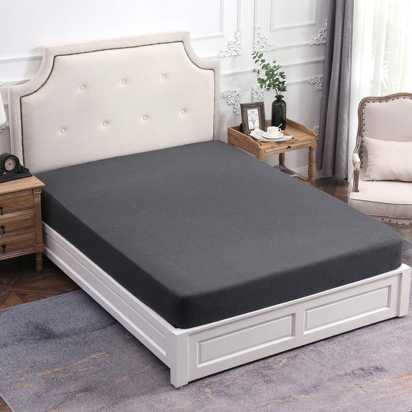 PURE ERA Jersey Knit Cotton Fitted Bottom Sheet ONLY (No Flat Sheet or Shams) Deep Pocket Up to 15" to 20" Ultra Soft Comfy Breathable Charcoal Grey Queen