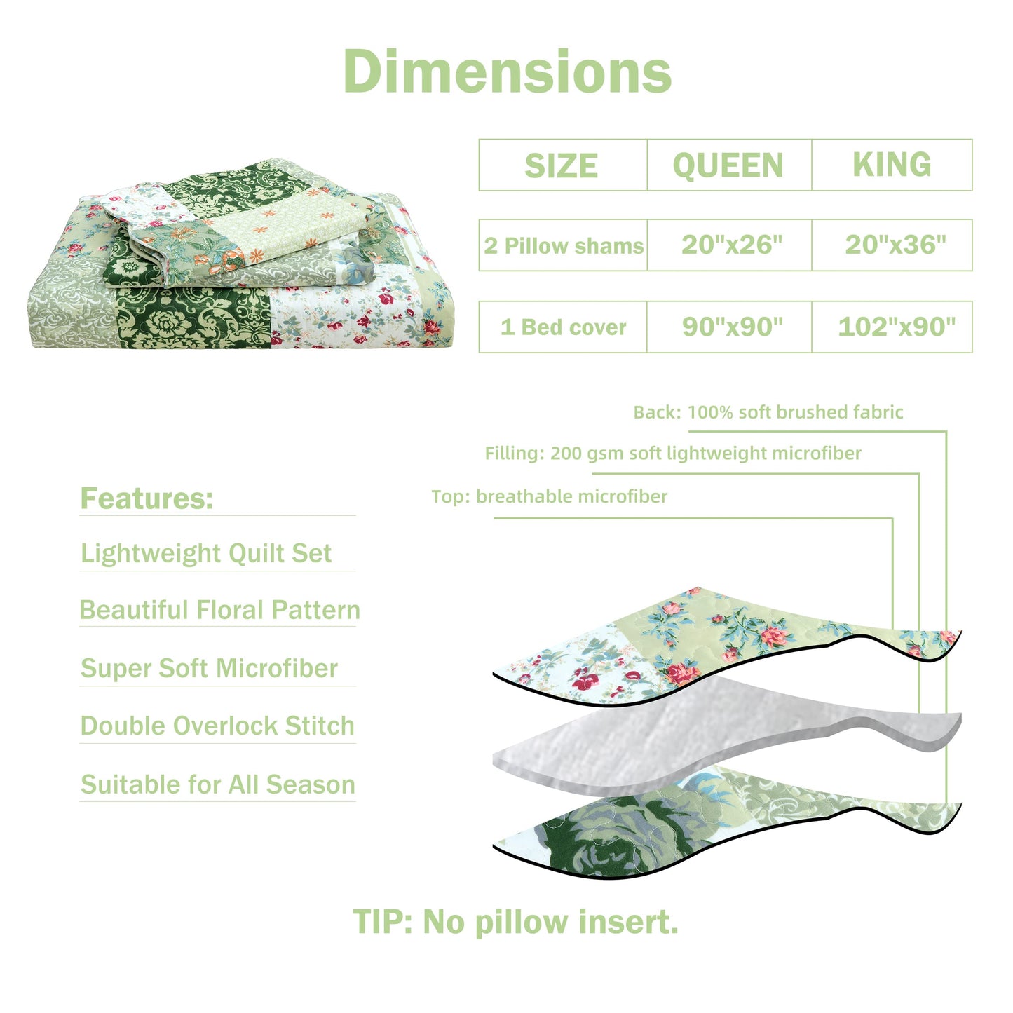 Cmfshape Summer Floral Queen Quilted Bedspread,Romantic Green Quilt Set,Reversible Stitched Bedding Cover All Season,Soft Lightweight Coverlet with Pillow Cases (Green&White, Queen90 x90)