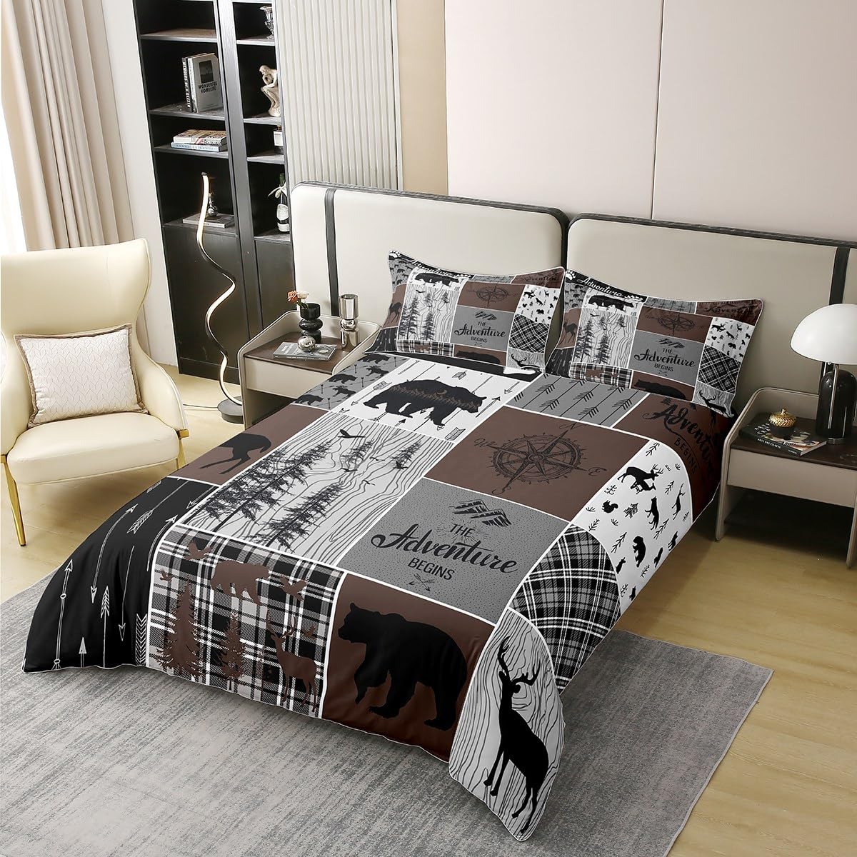 Erosebridal Hunting Deer Bear 100% Cotton Duvet Cover Retro Rustic Farmhouse Comforter Cover Queen Size for Kids Woodland Animal Bedding Set Wildlife Lodge Decor Bedclothes for Boys Teens Adult Room