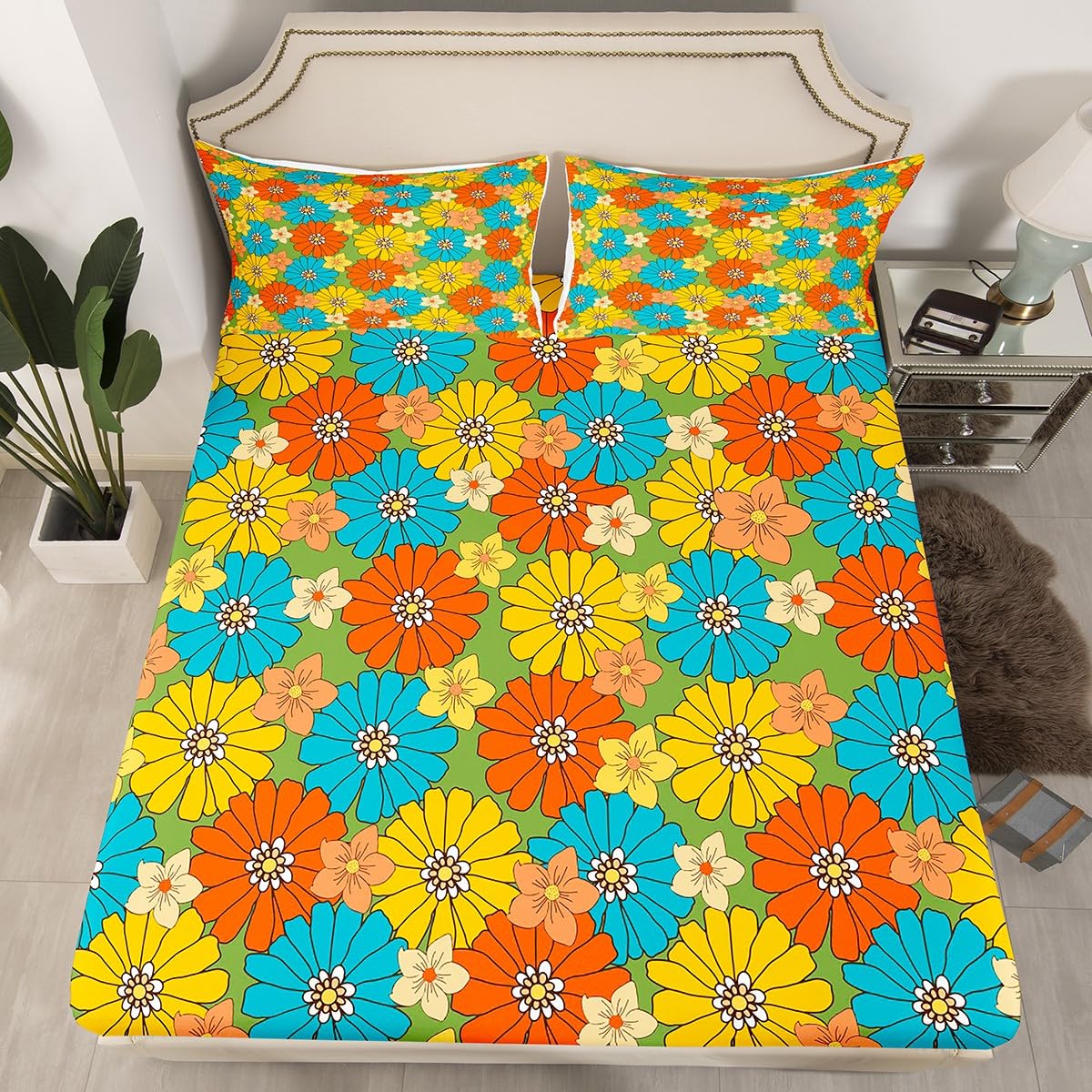 Erosebridal 60S 70S Hippie Bed Sheets Full Retro Groovy Flowers Bedding Set Abstract Vintage Floral Sheet Set for Kids Girls Teen,Boho Natural Botanical Fitted Sheet + Flat Sheet + 2 Pillow Cases