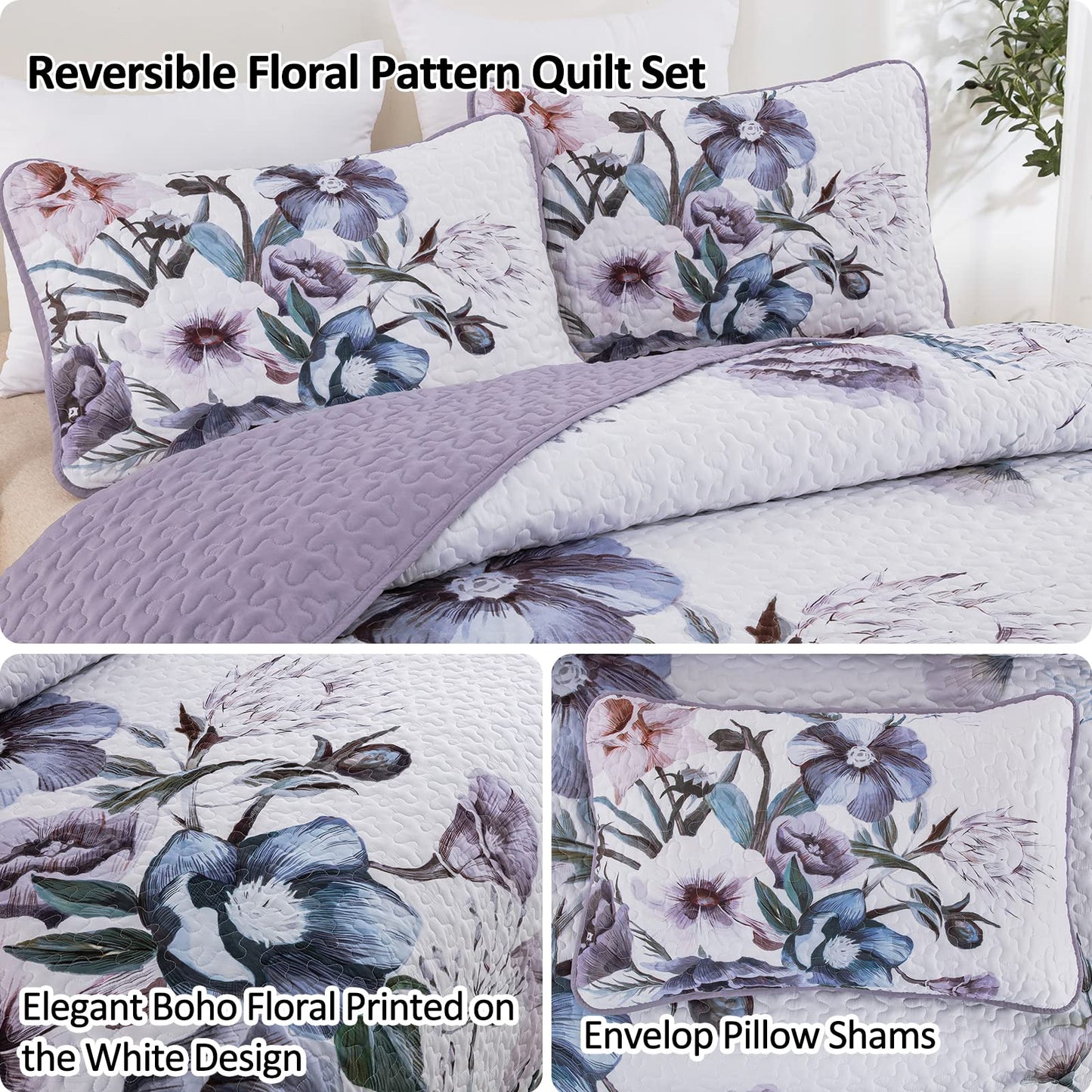 3 Pieces Floral Quilt Set Full Purple Flower Pattern Quilt Coverlet Set Soft Microfiber Lightweight Boho Purple Floral Quilted Bedspread for All Season 80"x90"