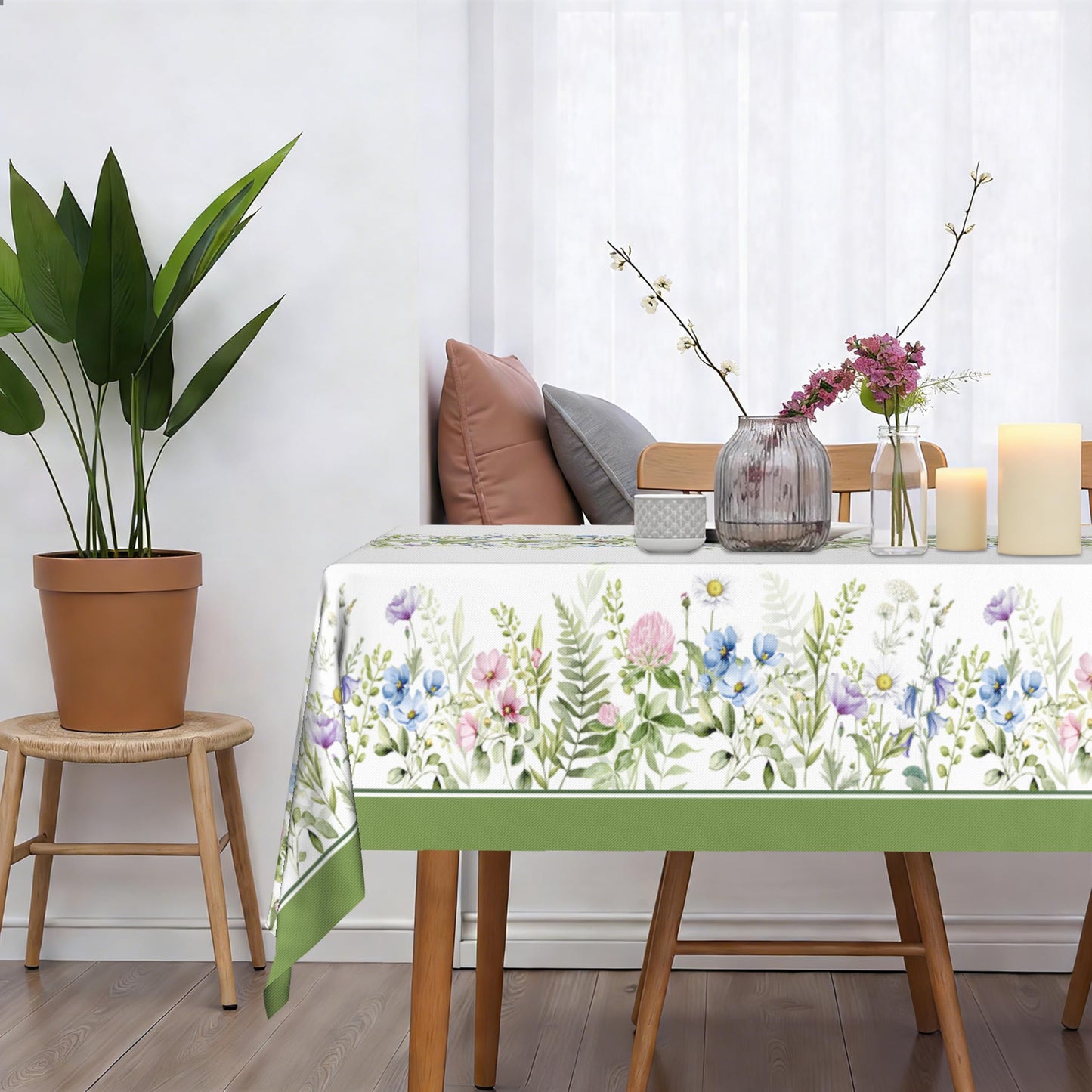 Kwlegh Spring Summer Tablecloth 60x84 Inch Sage Green Wildflower Table Cover Floral Print Reusable Washable Rectangular Tablecloths for Dining Decor Party Picnic Indoor Outdoor