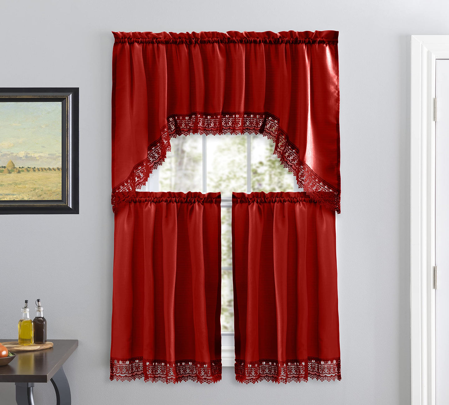 American Linen 3-Piece Kitchen Café Curtains with Embroidered Lace (Red)