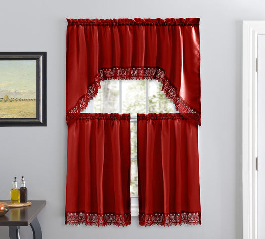American Linen 3-Piece Kitchen Café Curtains with Embroidered Lace (Red)