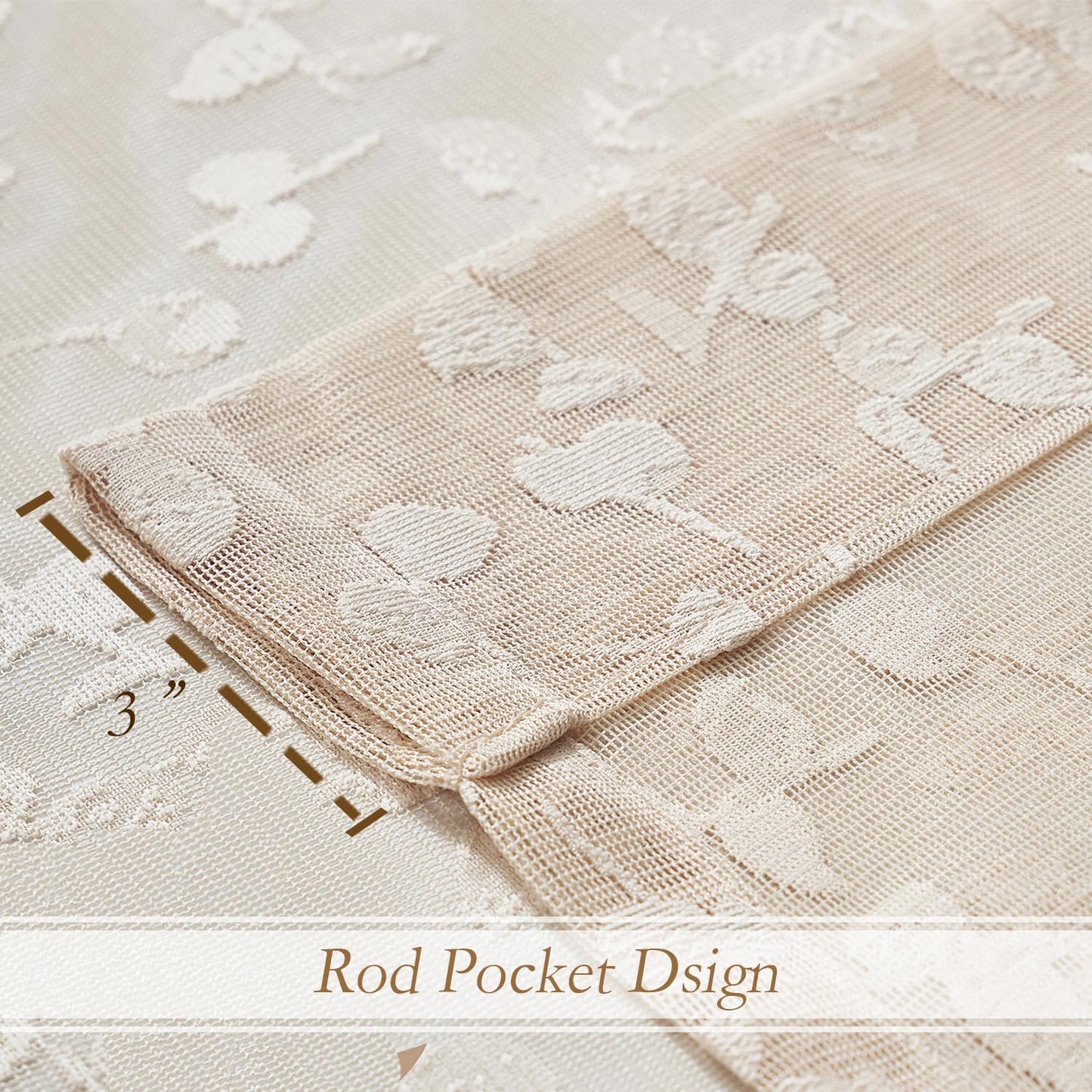 Jubilantex Beige Lace Sheer Curtains Embroidered Leaf Buds 63 Inches Long for Bedroom Textured Knitted Light Filtering Window Treatment Beige,52" W