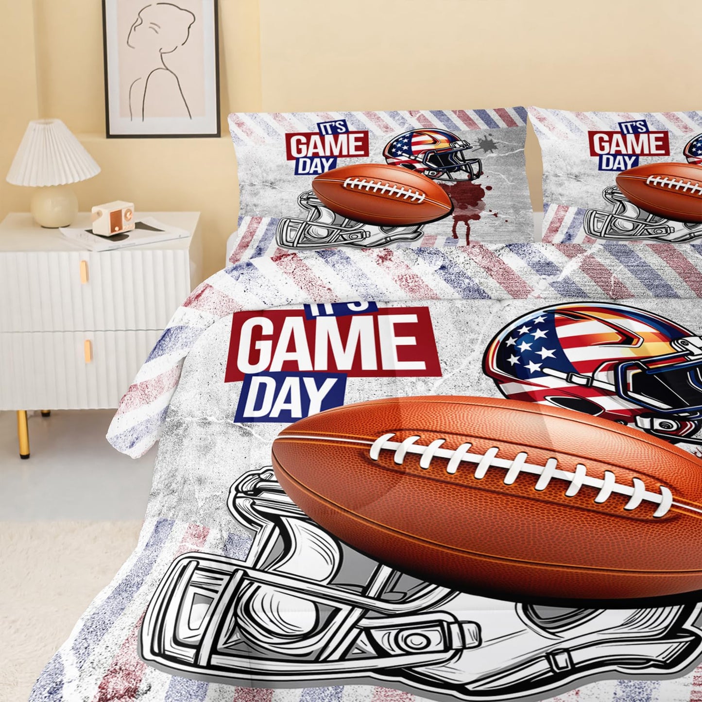 QOOMO Baseball Kids Bedding Set,Cartoon Helmet Print Comforter Set Queen Size for Baseball Fan Room Decorat,Soft Lightweight Bed Set All Season,1 Comforter Set 2 Pillowcases