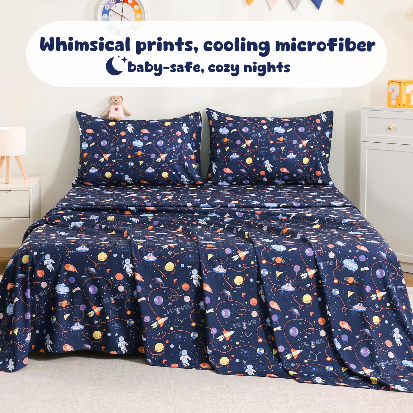 LONAVA Twin Sheet Set Kids - 3 Pieces Soft Microfiber Cartoon Style Bedsheets for Boys Girls Teens, Oeko TEX, Breathable Deep Pocket Sheets, (Astronauts)
