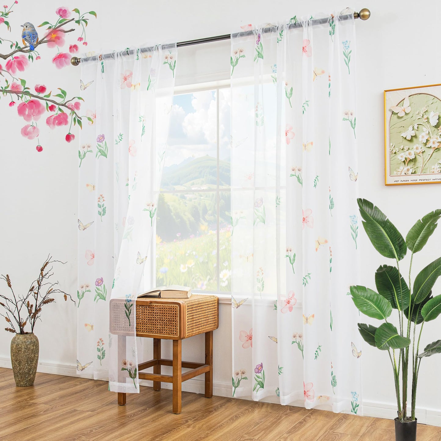 youleyar Floral Sheer Curtains for Living Room 84 Inches Long 2 Panels White Semi-Sheer Curtain with Flower/Leaves Printed Pattern Summer/Spring Rod Pocket Voile Drapes for Bedroom, 52" W x 84" L