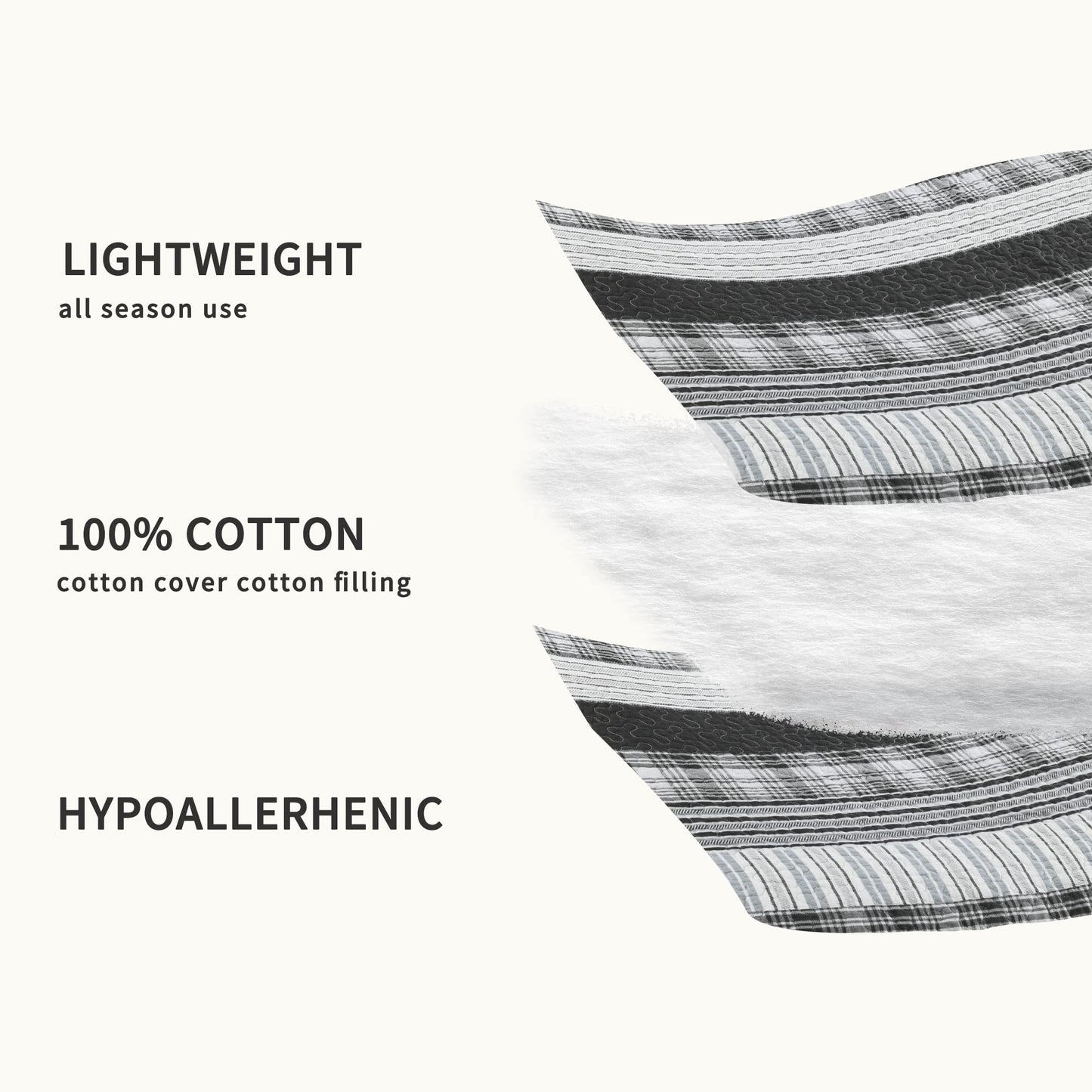 Homzard King Size Comforter - 100% Cotton, Black White Striped King Quilt Bedding Set,Black Grey Plaid Striped Bedding King,Farmhouse Lightweight Comforter for Bed,All Season
