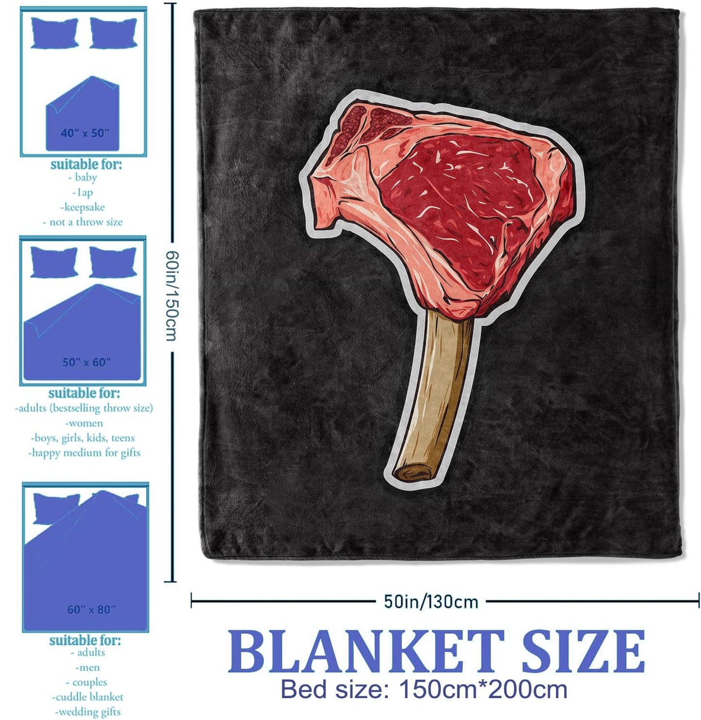 Plistiz Meat Lovers Throw Blanket 50"x60", Steak Print Theme Blankets for Living Room Couch, Home Decor, Soft Flannel Food Gifts for Adults and Men