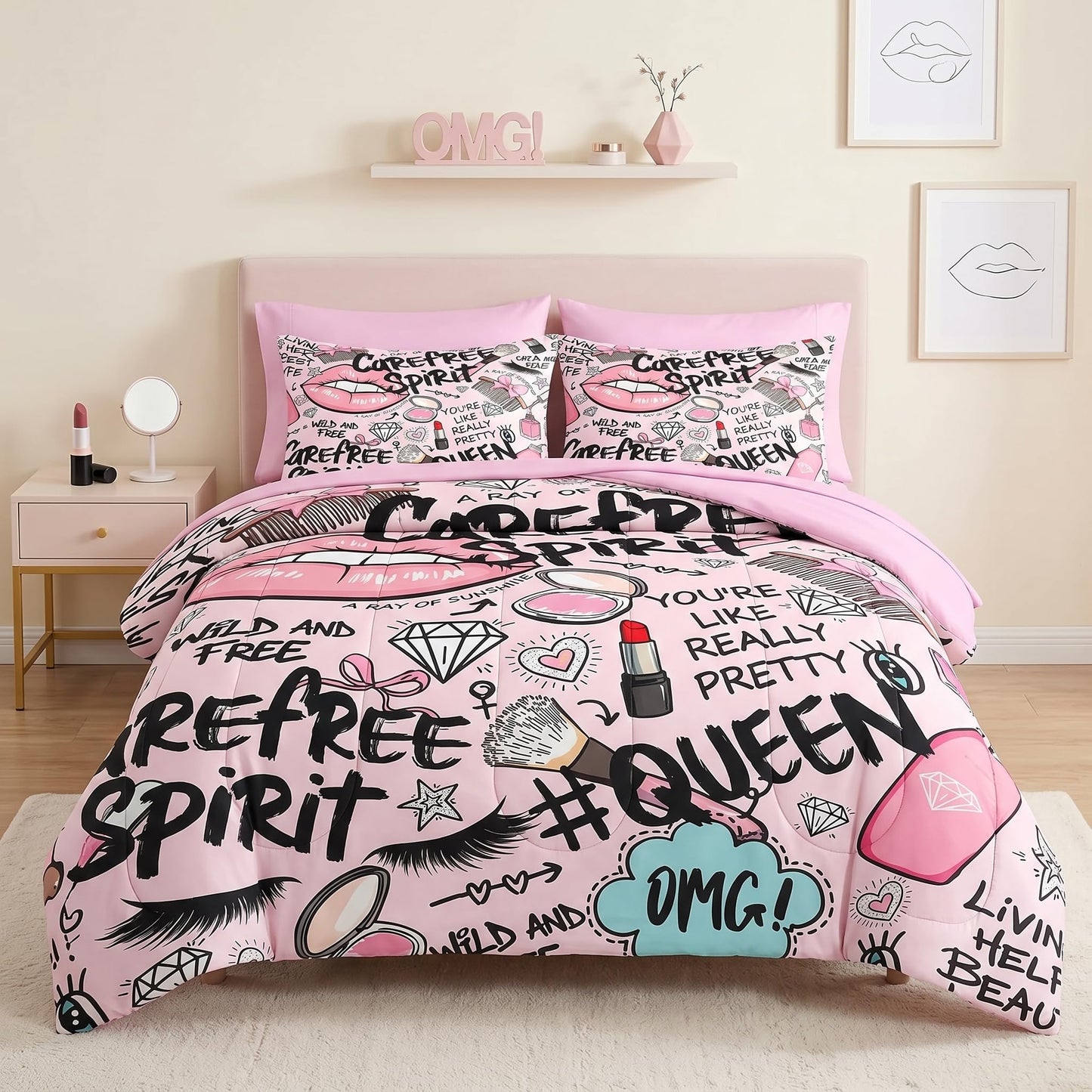 Pamnest Comforter Set King Size, Makeup Pink Queen 7 Pcs Bedding for Kids and Adults, Women Diamond Cute Bed Sheet Sets with Fitted Sheet 2 Pillowcases & 2 Shams for Bedroom Bed Decor