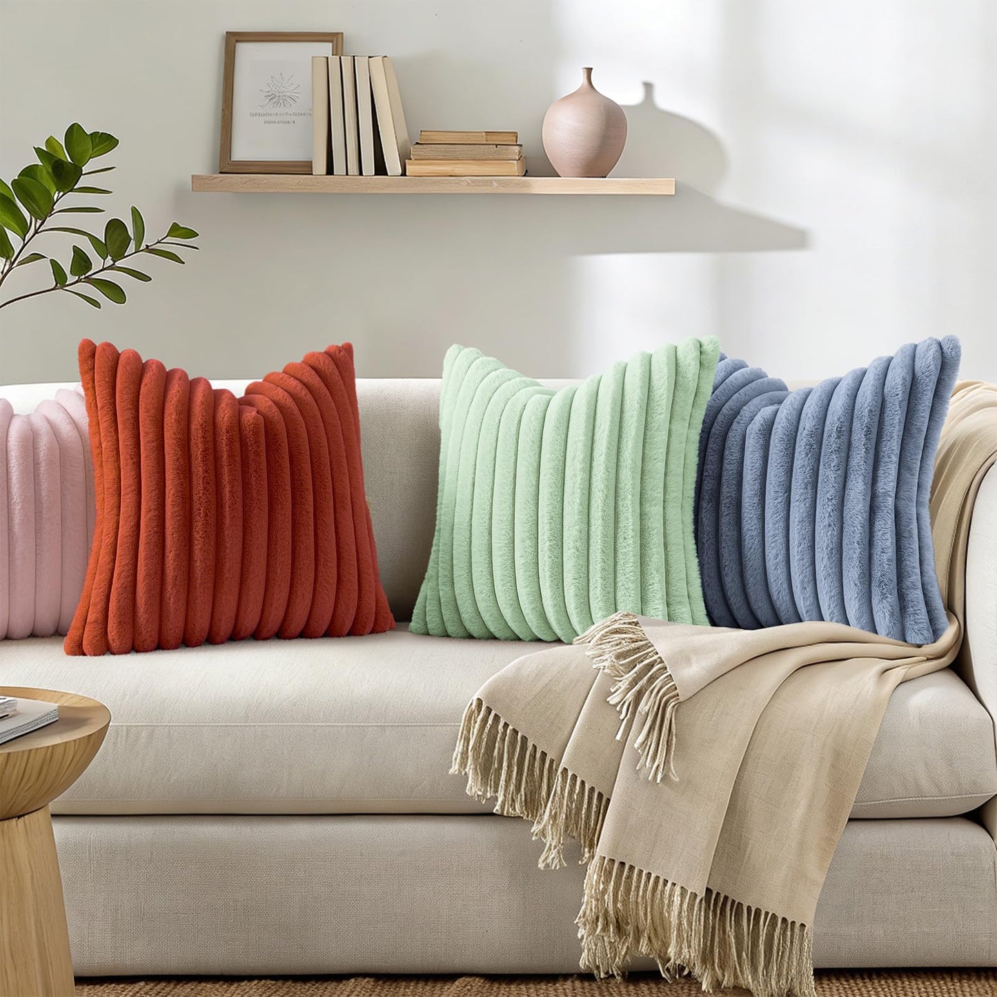 Simmore Faux Fur Couch Throw Pillow Covers 18x18 Set of 2, Decorative Soft Striped Plush Pillow Covers with Velvet Back for Sofa Bed Living Room, Sage Green