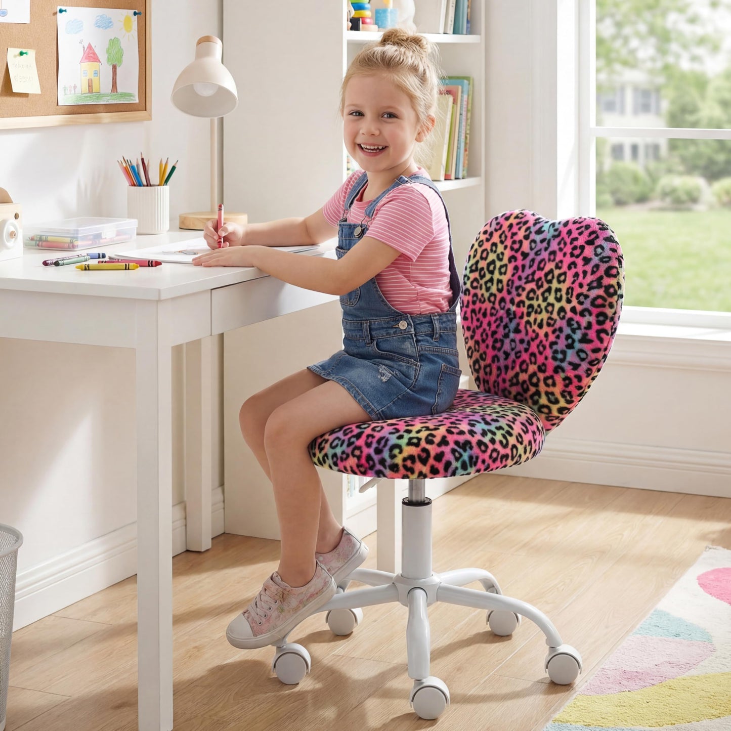 DM Furniture Cute Fuzzy Kids Chair Rolling Study Desk Chair Furry Studing Computer Task Chair Faux Fur Swivel Vanity Chair for Girls Boys Bedroom, Red Leopard
