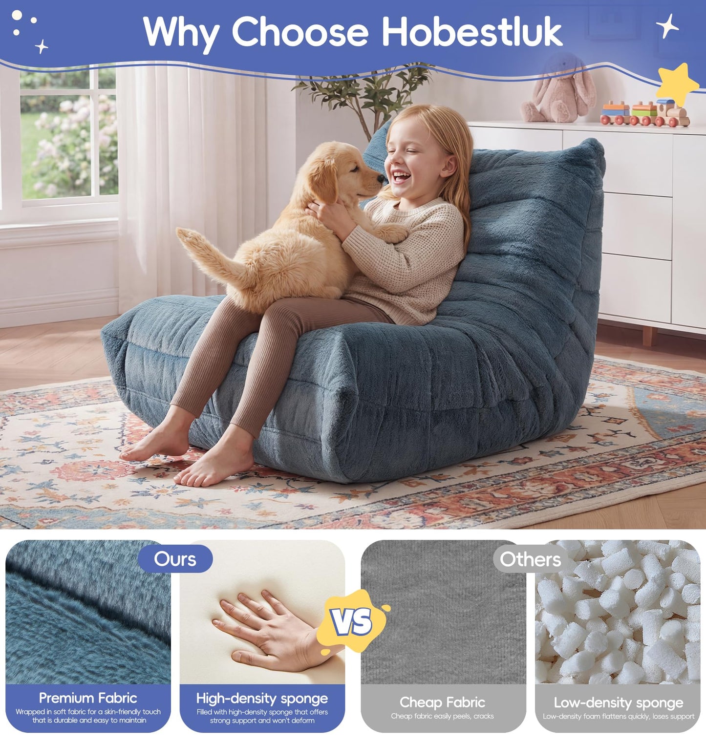 Hobestluk Bean Bag Chair for Kids Toddler Bean Bag Chair with Memory Foam Filler Beanbag with Spacious Design Bean Bag Couch for Reading Gaming Relaxing (Blue Grey, Small)