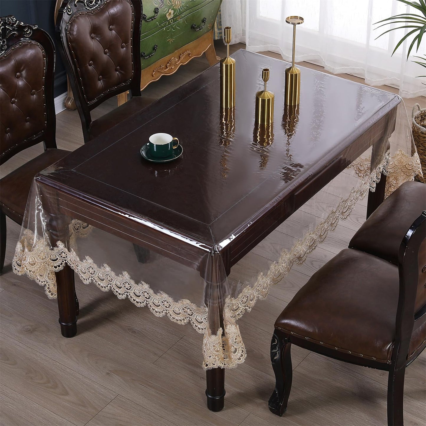 Rakila Clear Plastic Rectangle Tablecloth Vinyl Waterproof Table Cloth Embroidered Lace Edge Transparent Table Cover for Dining Kitchen Outdoor(60 x 86 inch, Coffee Style 3)
