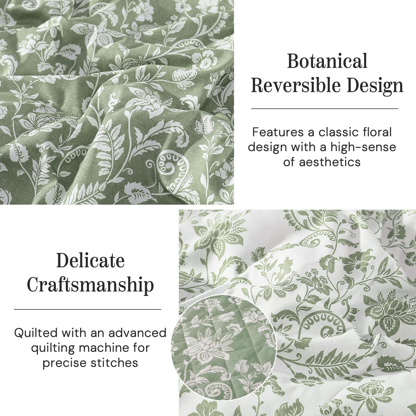 BLOOMHAVEN Quilt Set Queen Size, Green Floral Quilt Sets, Reversible Bedspread Lightweight and Breathable for All Seasons, Soft Quilted Bedspread with 2 Pillow Shams
