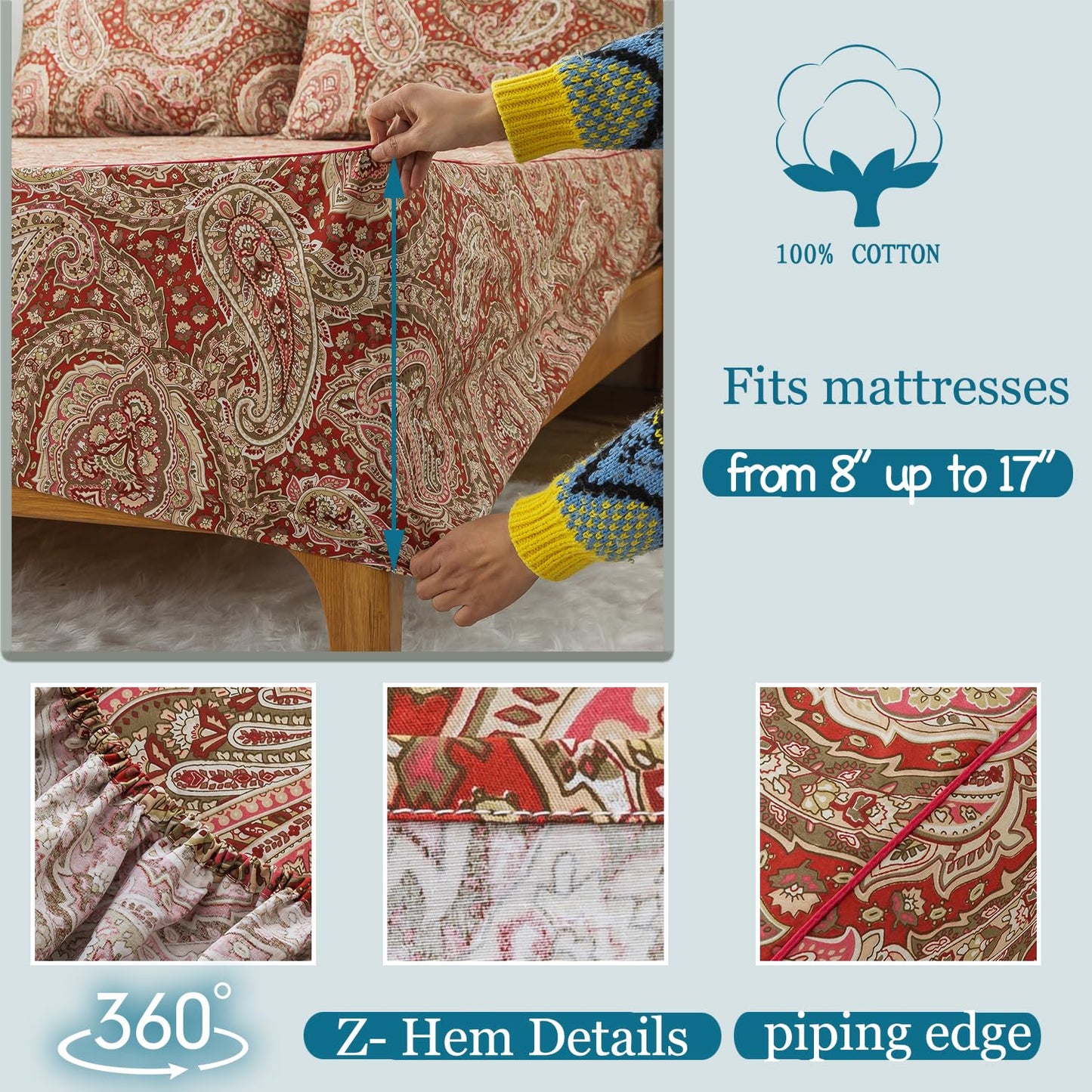 Zusbest Queen Size Bed Sheet Set 100% Cotton Burgundy Red Paisley Patterned Sheets Luxury Soft Breathable Crispy Cooling Percale Boho Bed Set Deep Pocket 17.5 Inches, 4 Pieces