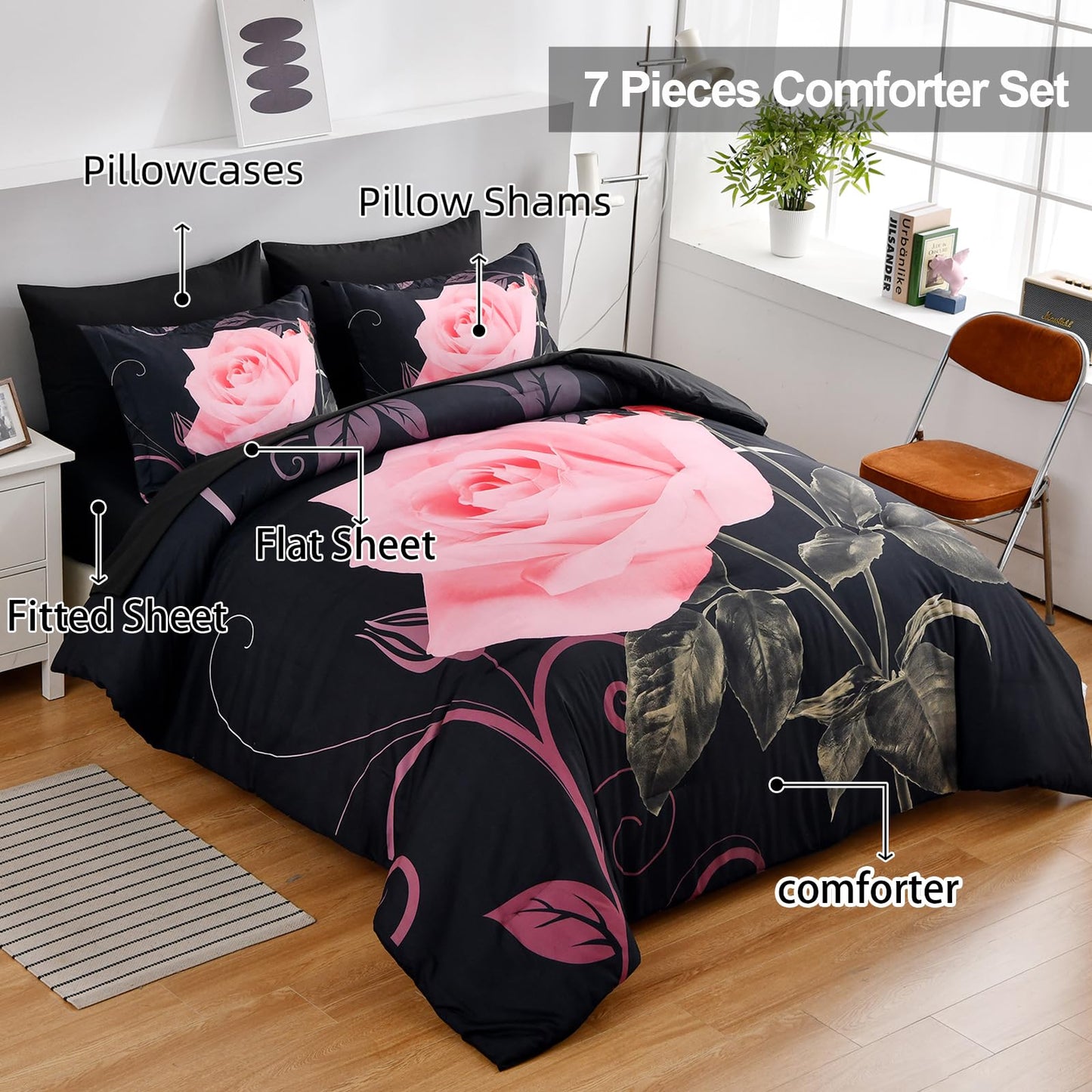 Xruibed Blush Comforter Set King 7 Piece Bed in a Bag Blush Rose Flower Comforter with Sheet Set Soft Micorfiber Bedding Set (1 Comforter,2 Pillow Shams,1 Flat Sheet,1 Fitted Sheet,2 Pillowcases)
