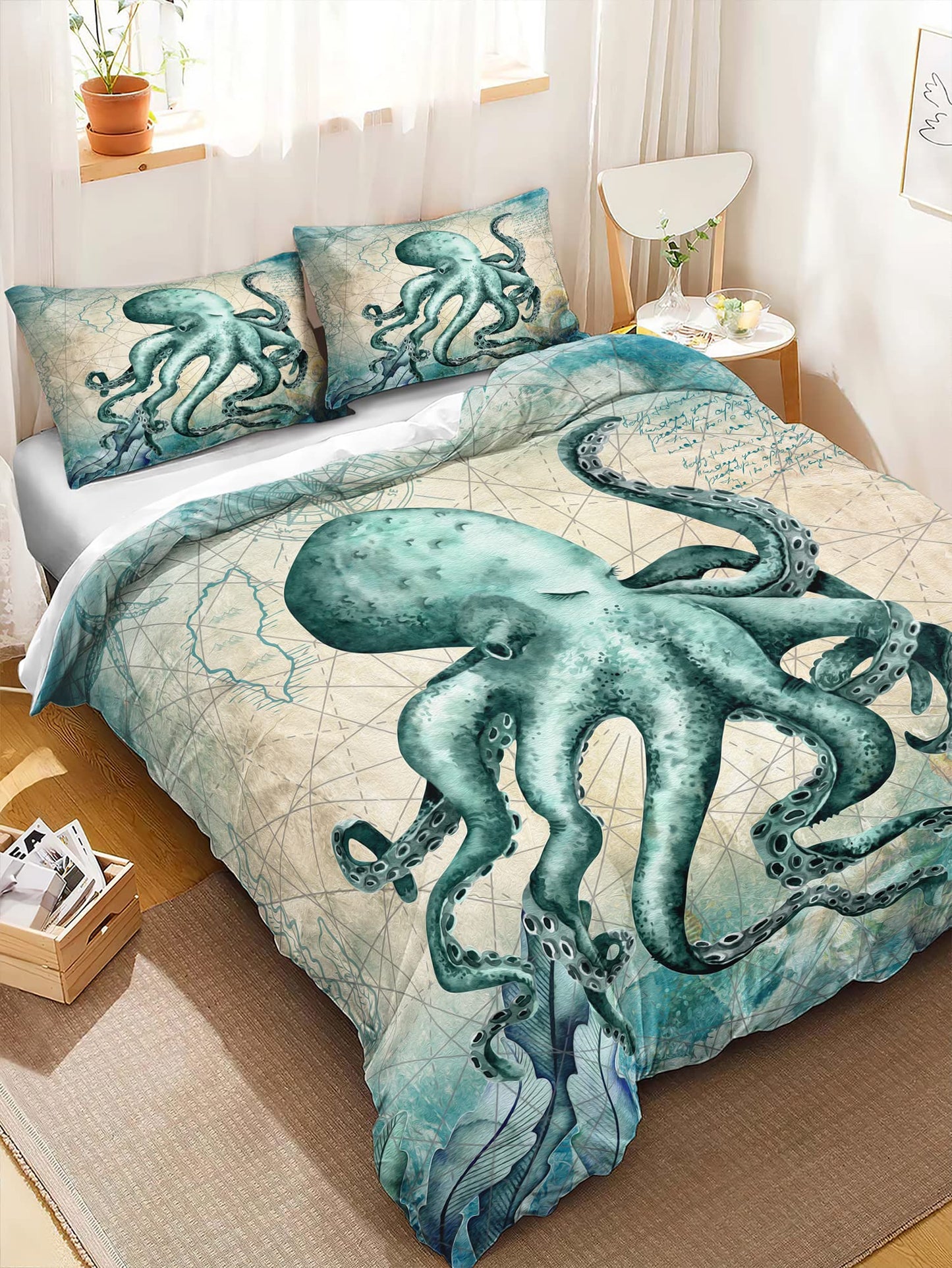 CVHOUSE Octopus Duvet Cover King Size,Sea Animal Mediterranean Style Design Bedding Set,Ocean Octopus Comforter Cover for Kids Teens,1 Duvet Cover 2 Pillowcases 3 Piece